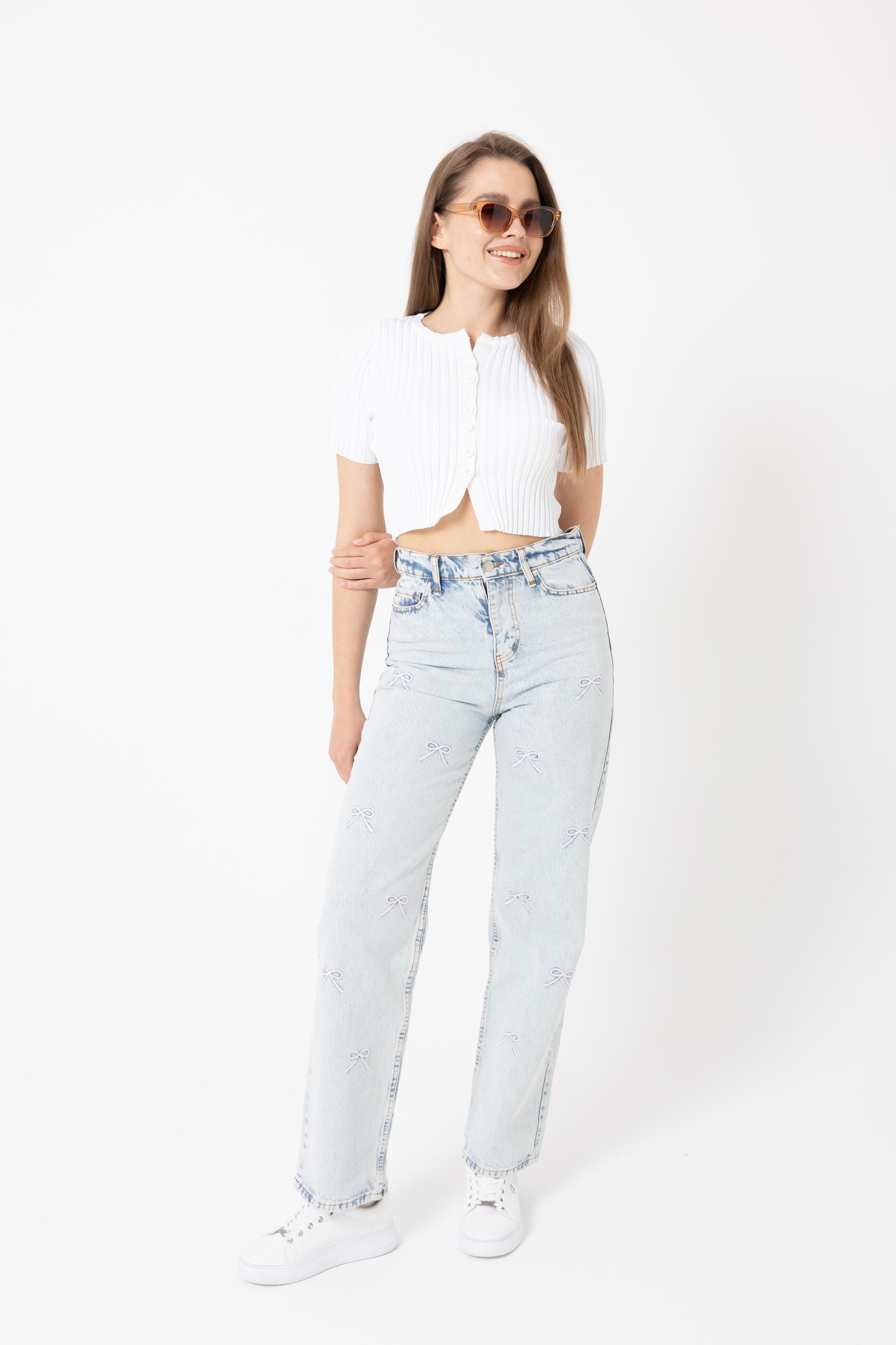 4601-Fiyonk Nakışlı Denim Palazzo Pantolon