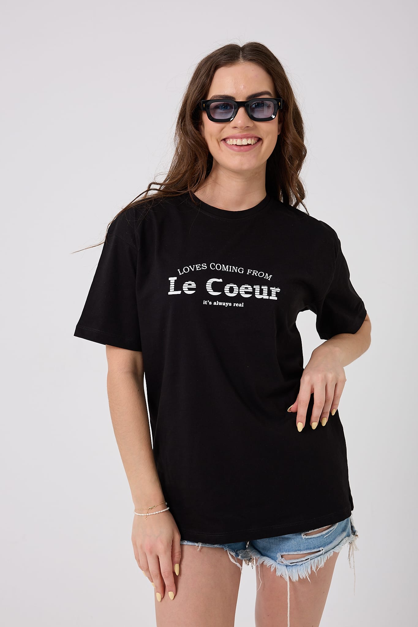 4615-Oversize Le Coeur Yazı Baskılı T-Shirt