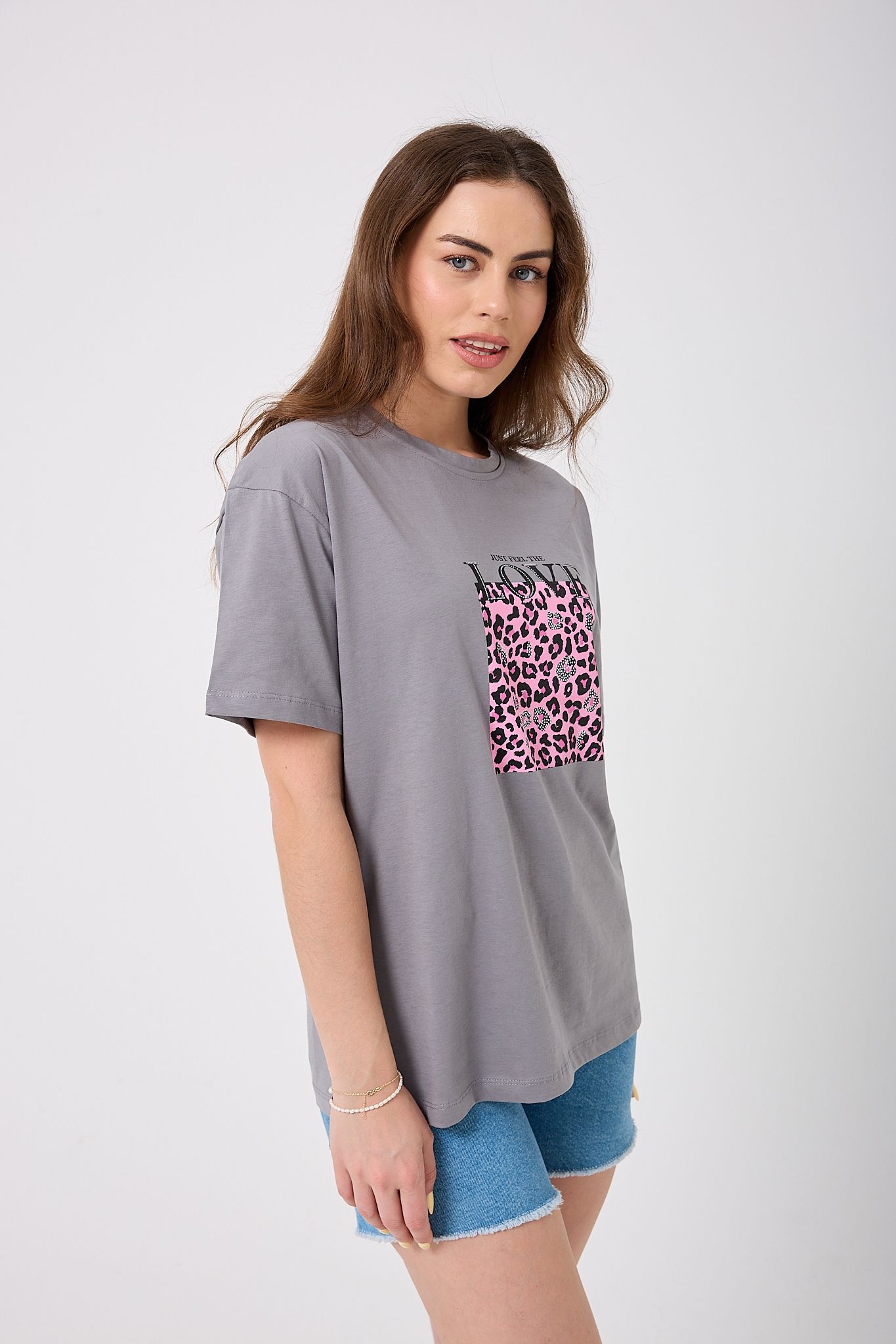 4620 - Oversize Just Feel The Love Yazı Baskılı T-Shirt