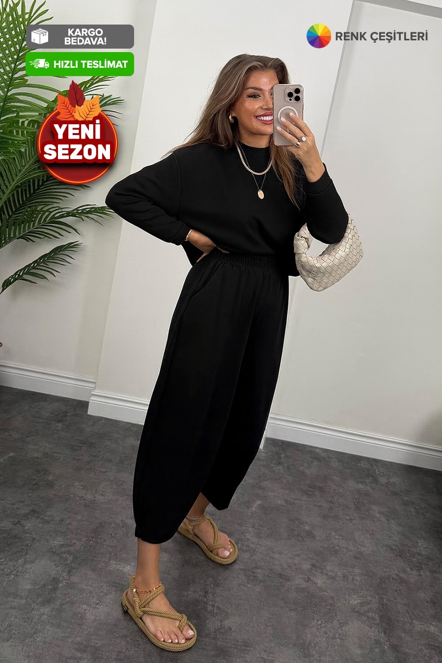 3507-Uzun Kollu Premium Oysho™ Modal Şalvar Takım - Siyah