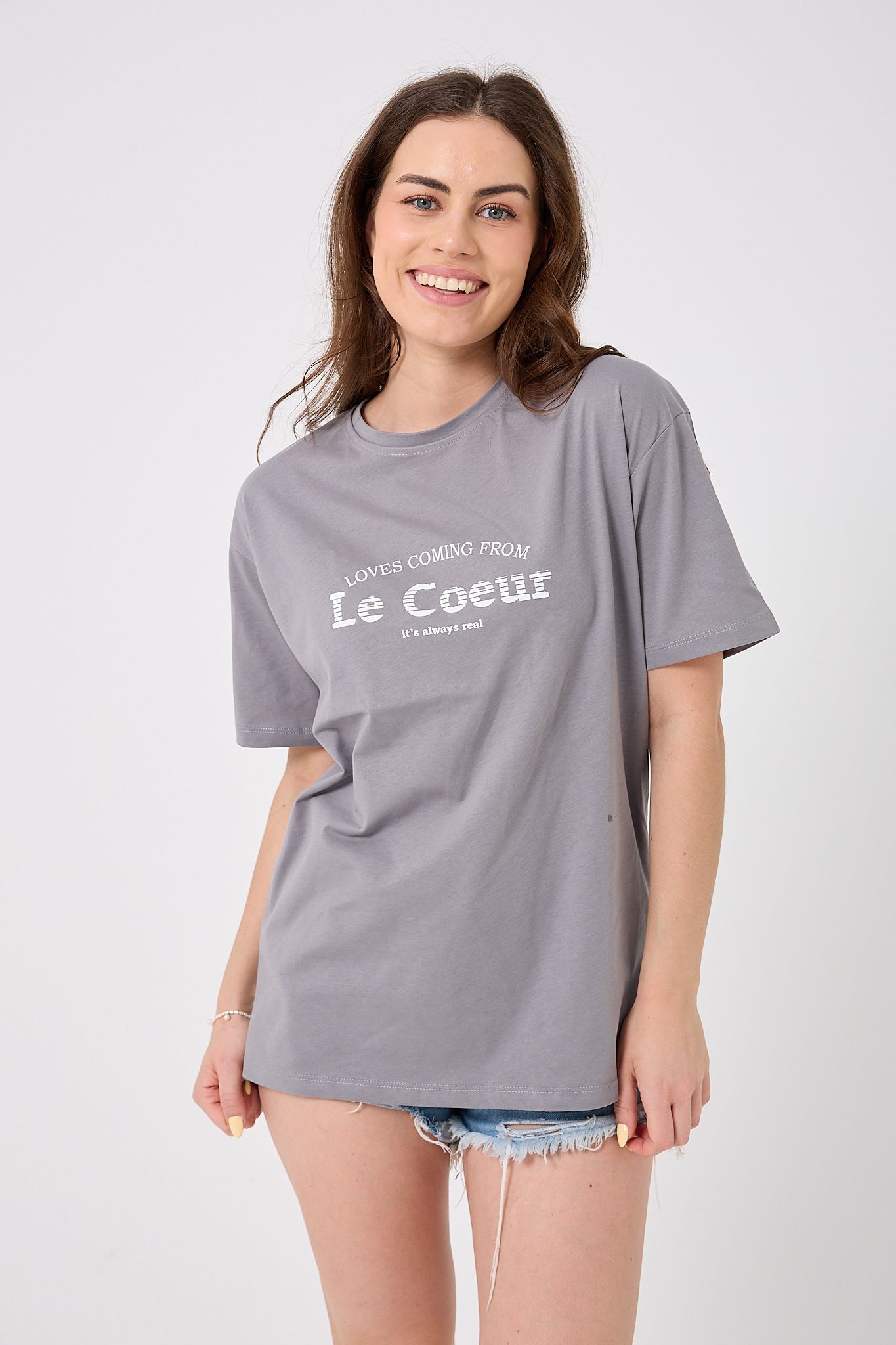 4615-Oversize Le Coeur Yazı Baskılı T-Shirt