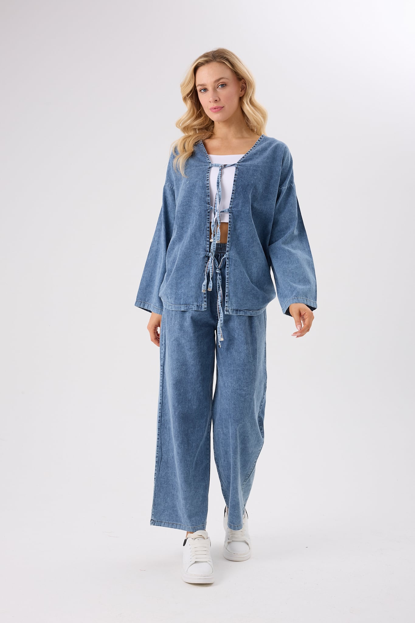 4632-Önden Bağlamalı Denim Alt Üst İkili Takım-Pamuk Kot
