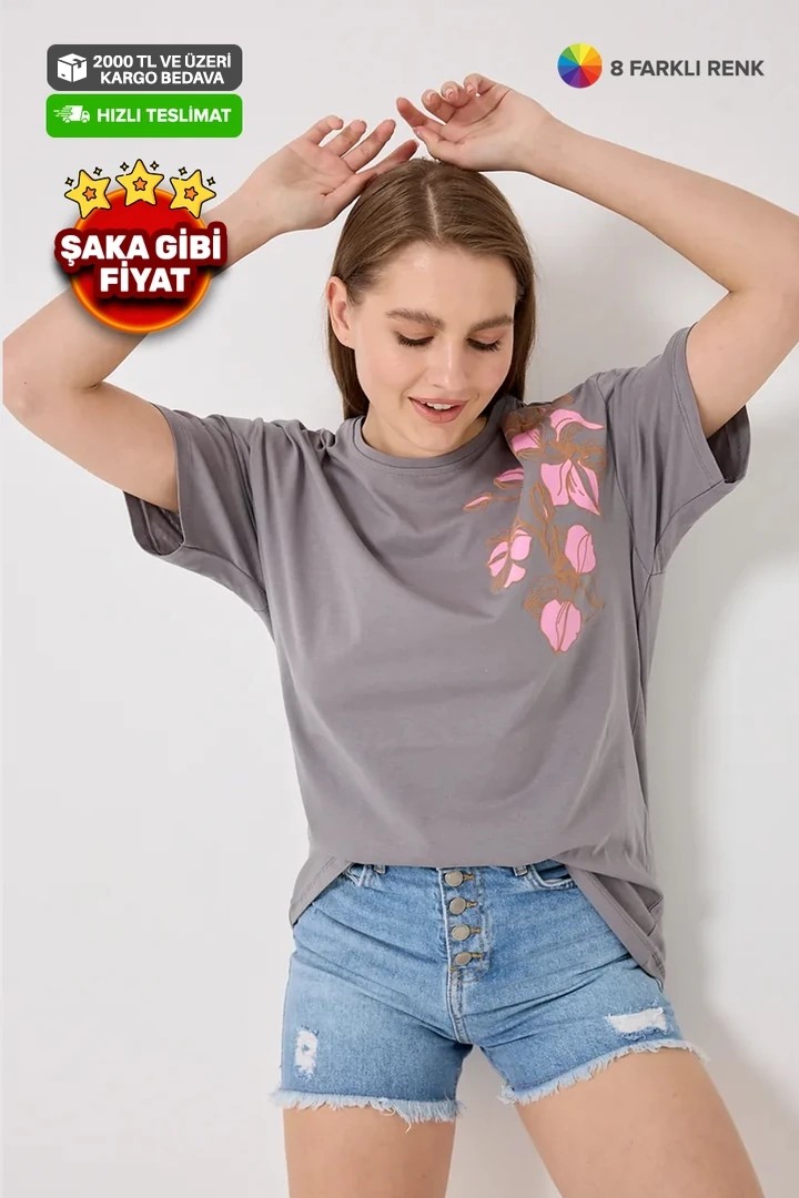 4626 - Oversize Omuz Çiçek Baskılı T-Shirt