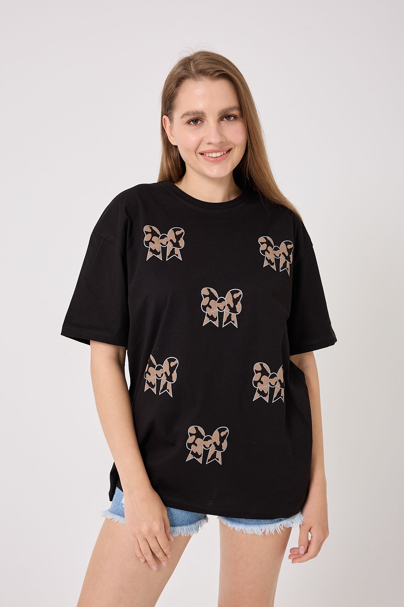 4610-Oversize Fiyonk Baskılı T-Shirt - Siyah