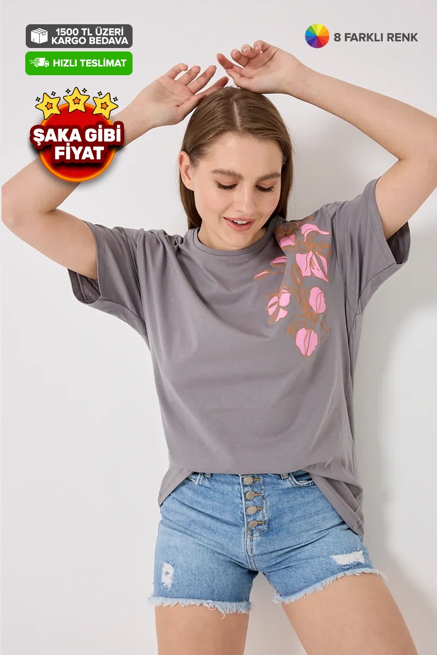 4626 - Oversize Omuz Çiçek Baskılı T-Shirt