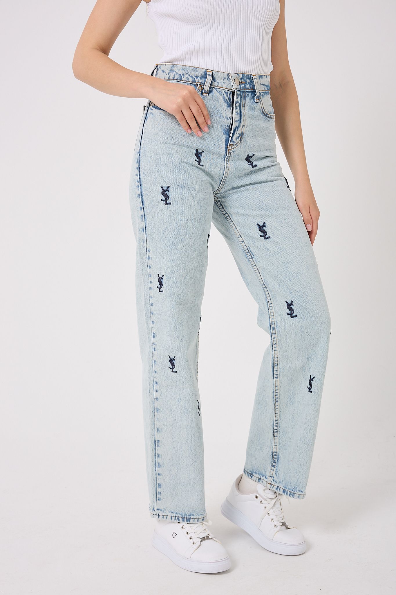  4602- Y S L Nakışlı Denim Palazzo Pantolon