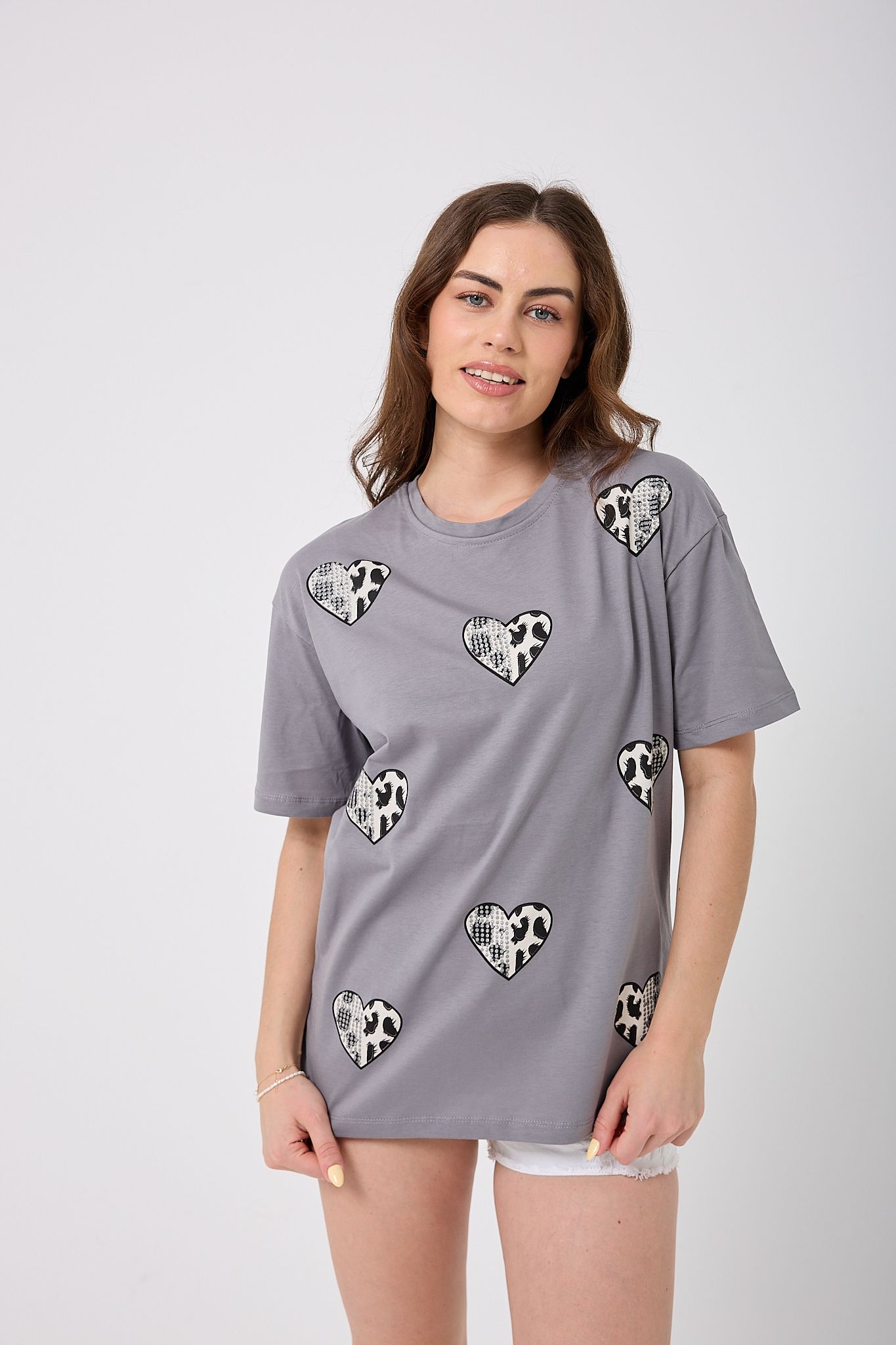 4618 - Oversize TAŞLI KALP Baskılı T-Shirt