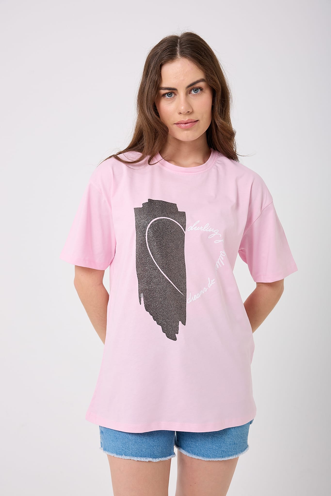 4625 - Oversize Simli Yarım Kalp Baskılı T-Shirt - Pembe