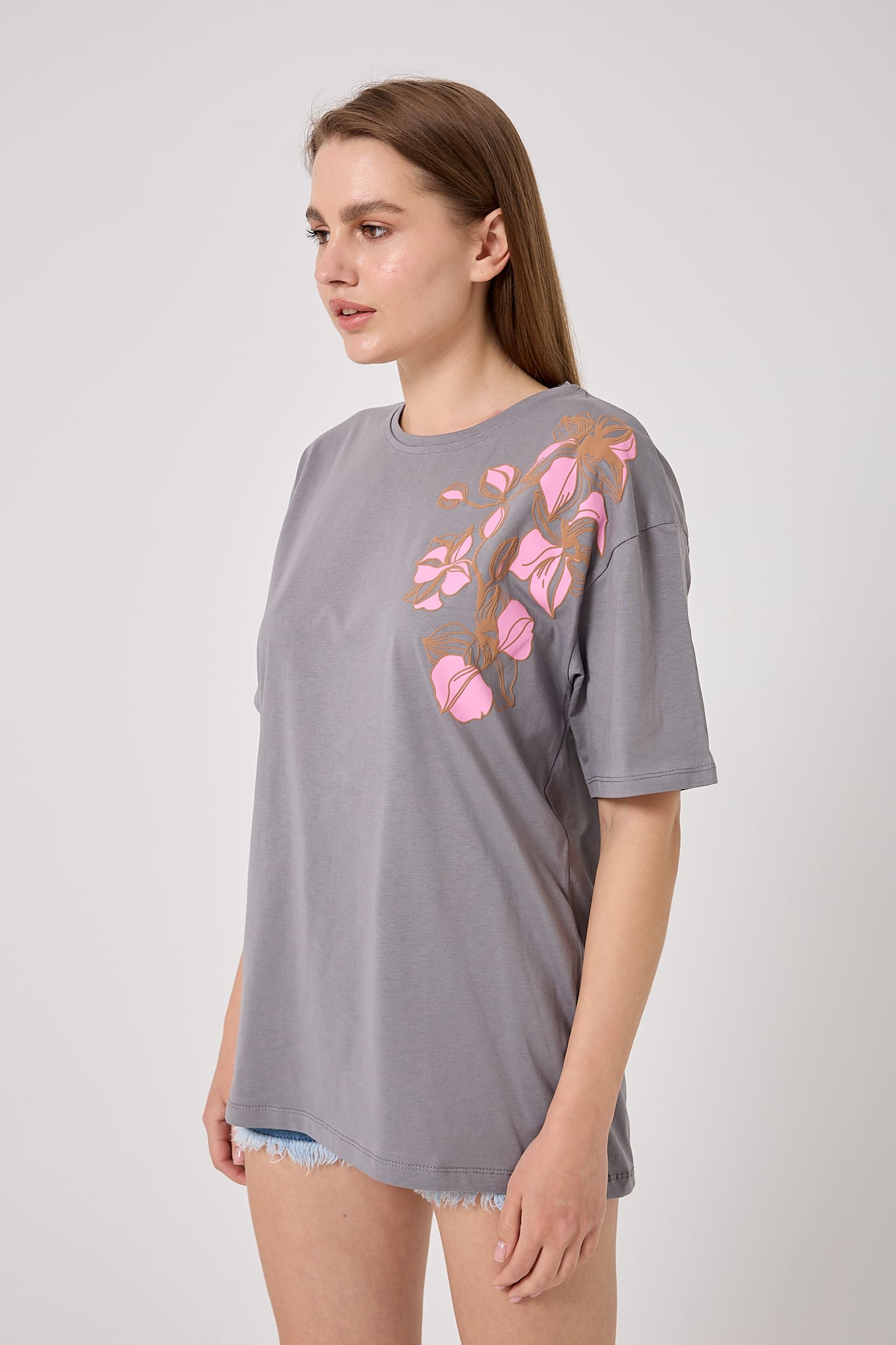 4626 - Oversize Omuz Çiçek Baskılı T-Shirt