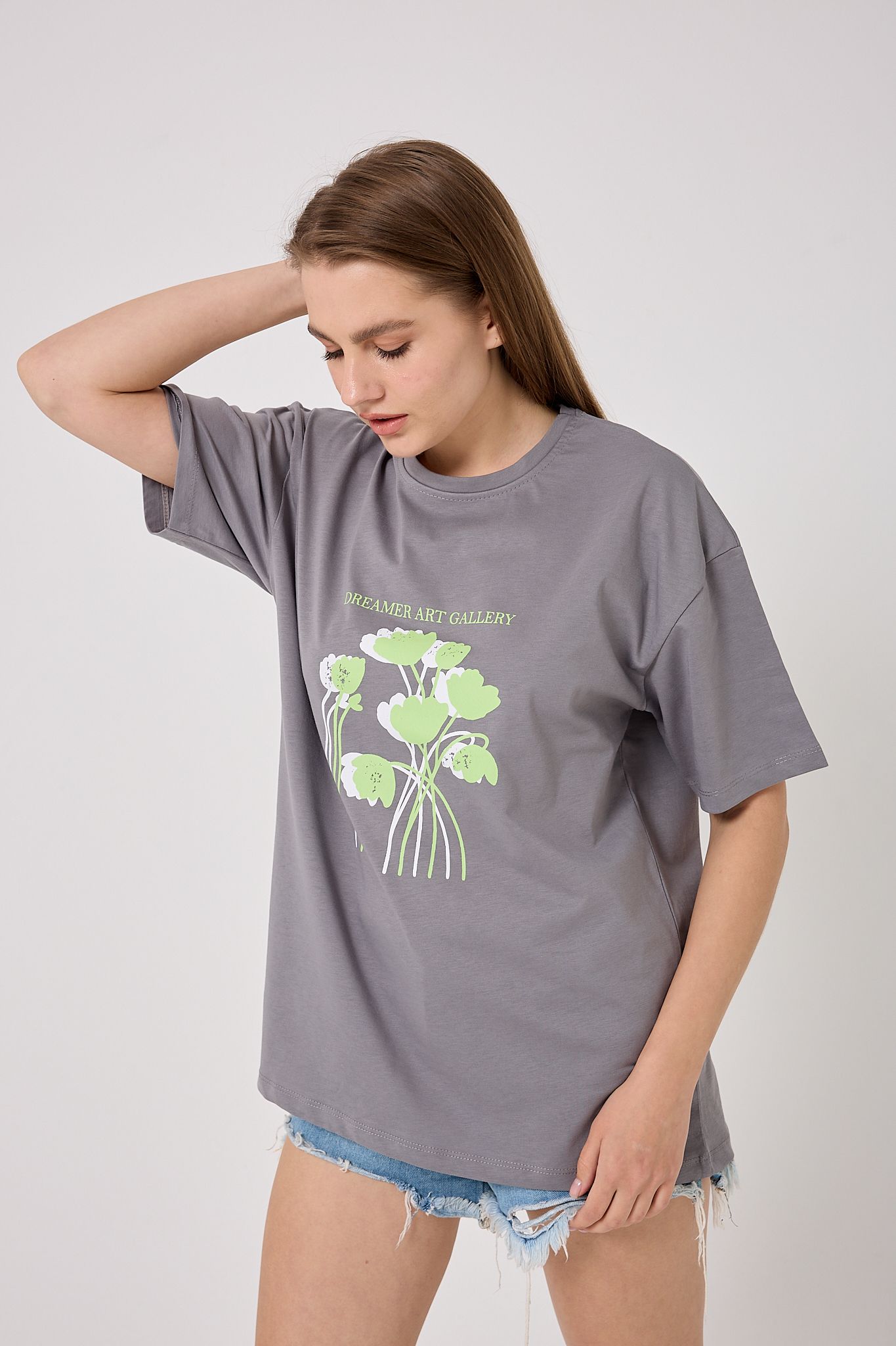 4614-Oversize DREAMER ART GALLERY Yazı Baskılı T-Shirt