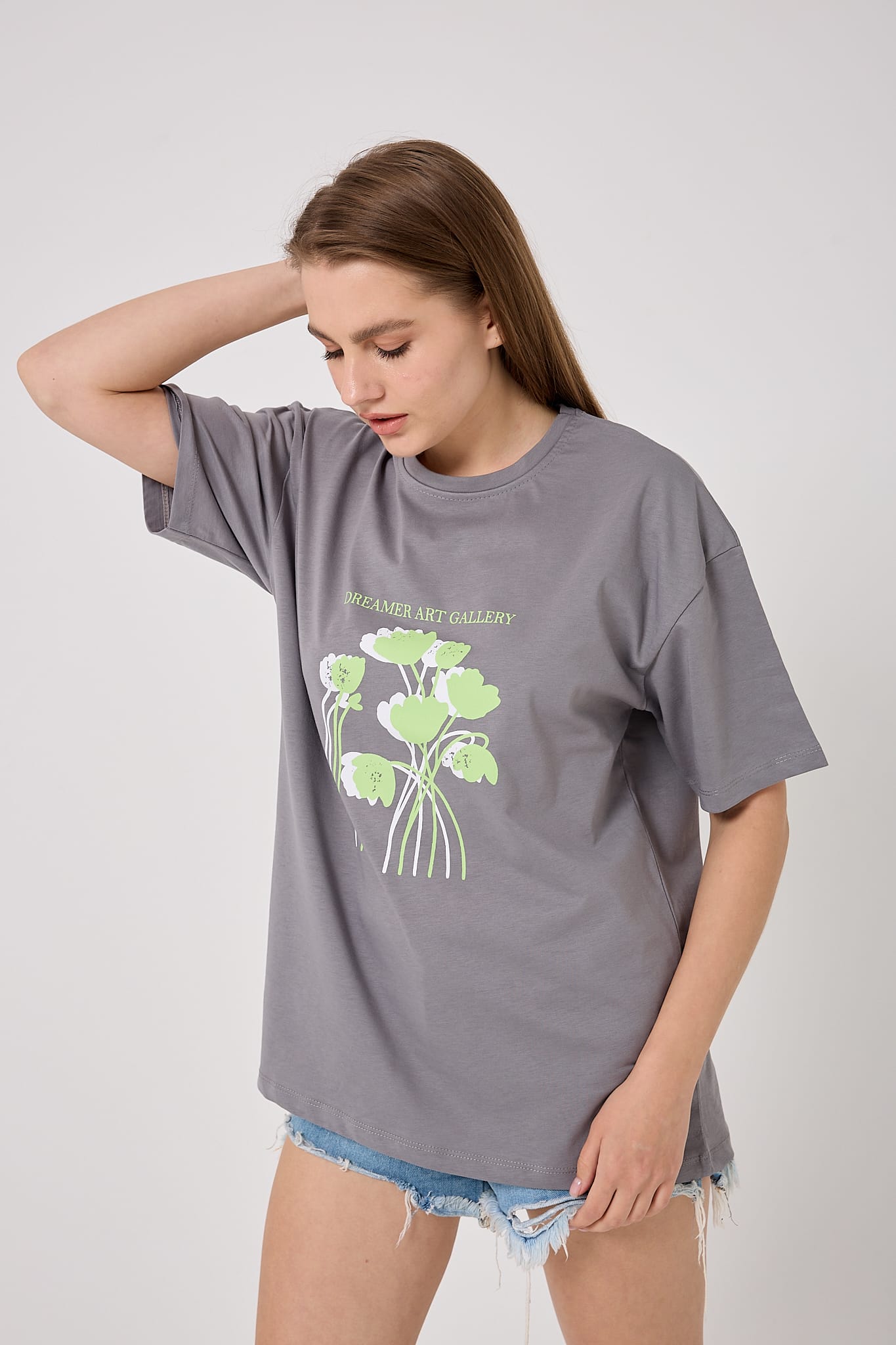 4614-Oversize DREAMER ART GALLERY Yazı Baskılı T-Shirt