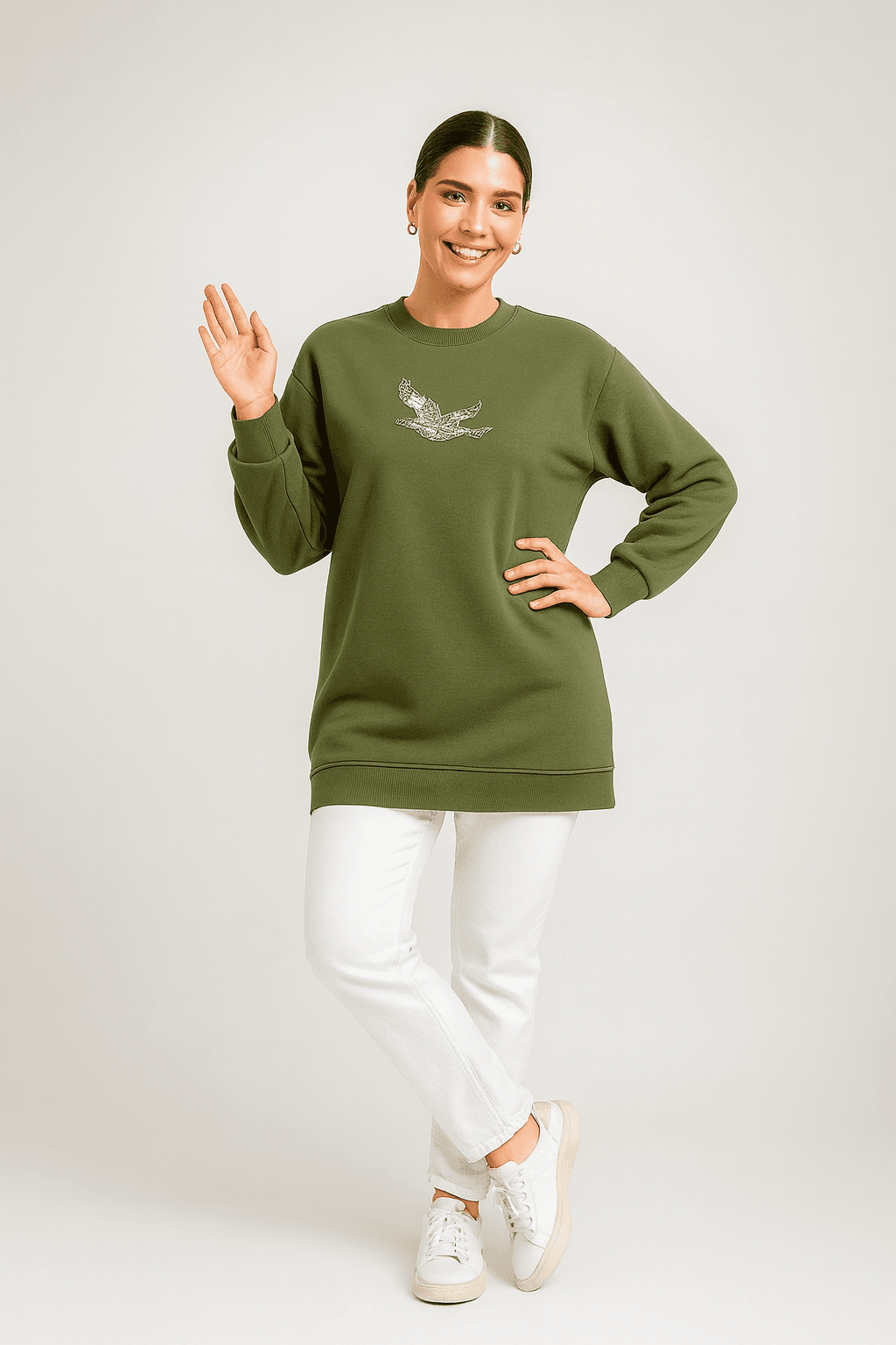 365 - Zincirli Kuşlu Taş Baskılı Premium Oysho™ Tunik - Haki