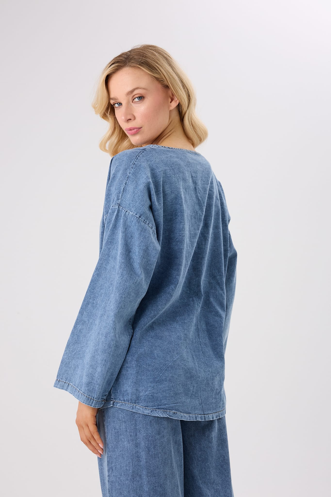 4632-Önden Bağlamalı Denim Alt Üst İkili Takım-Pamuk Kot