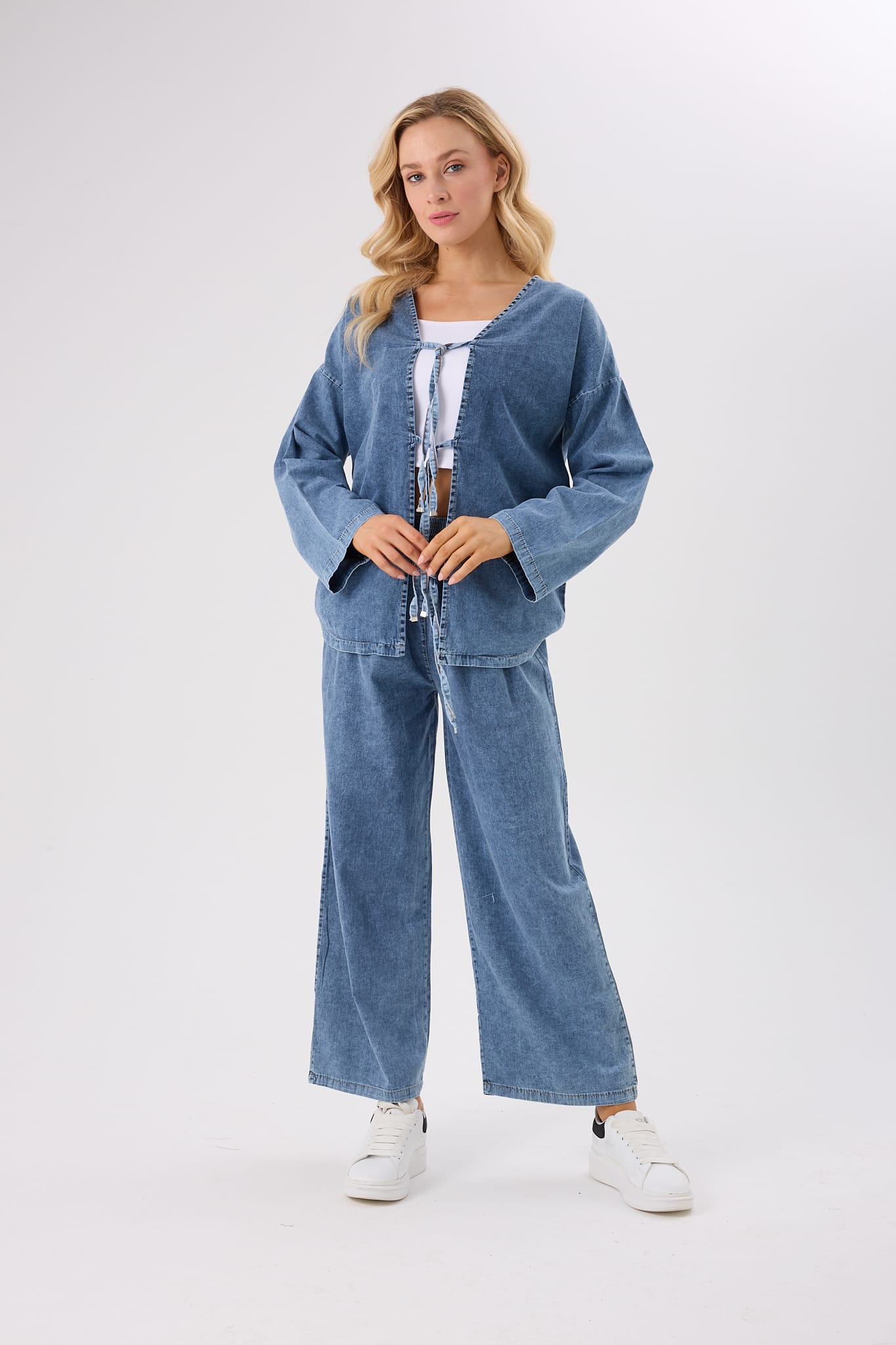 4632-Önden Bağlamalı Denim Alt Üst İkili Takım-Pamuk Kot
