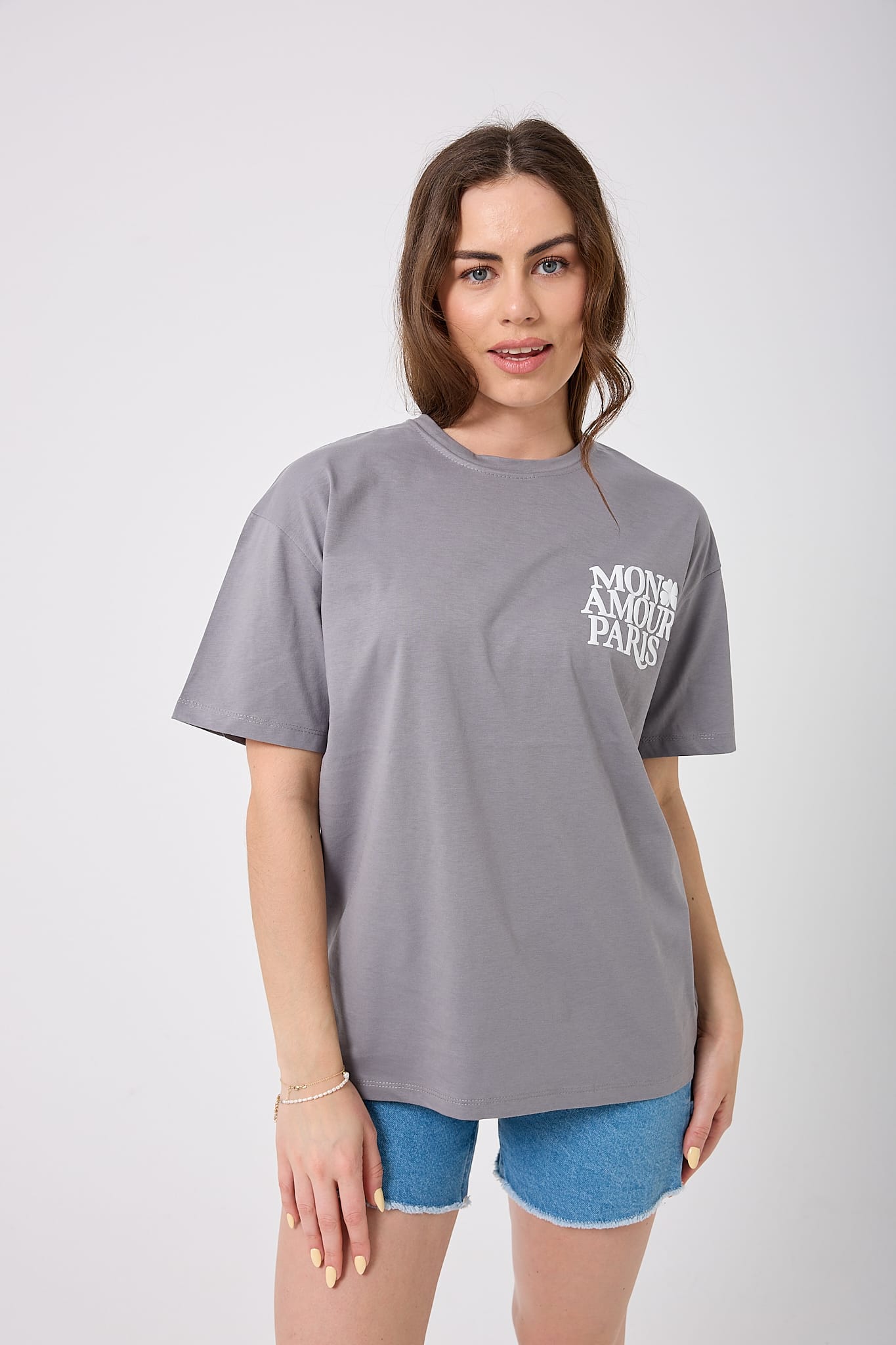 4617 - Oversize ÖN ARKA MON AMOUR PARİS Baskılı T-Shirt