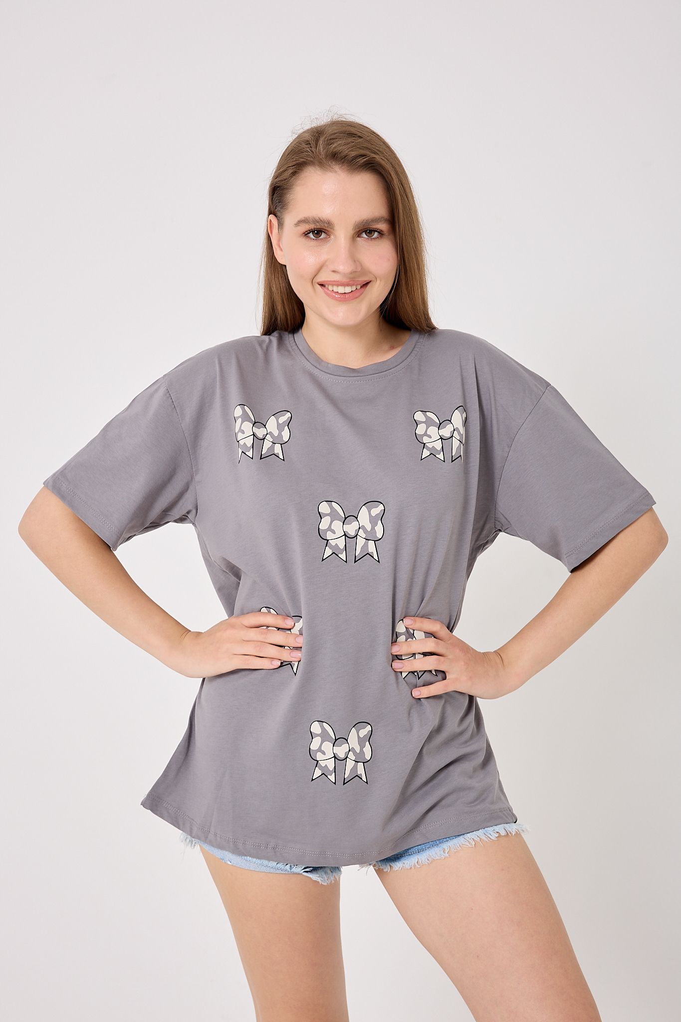 4610-Oversize Fiyonk Baskılı T-Shirt
