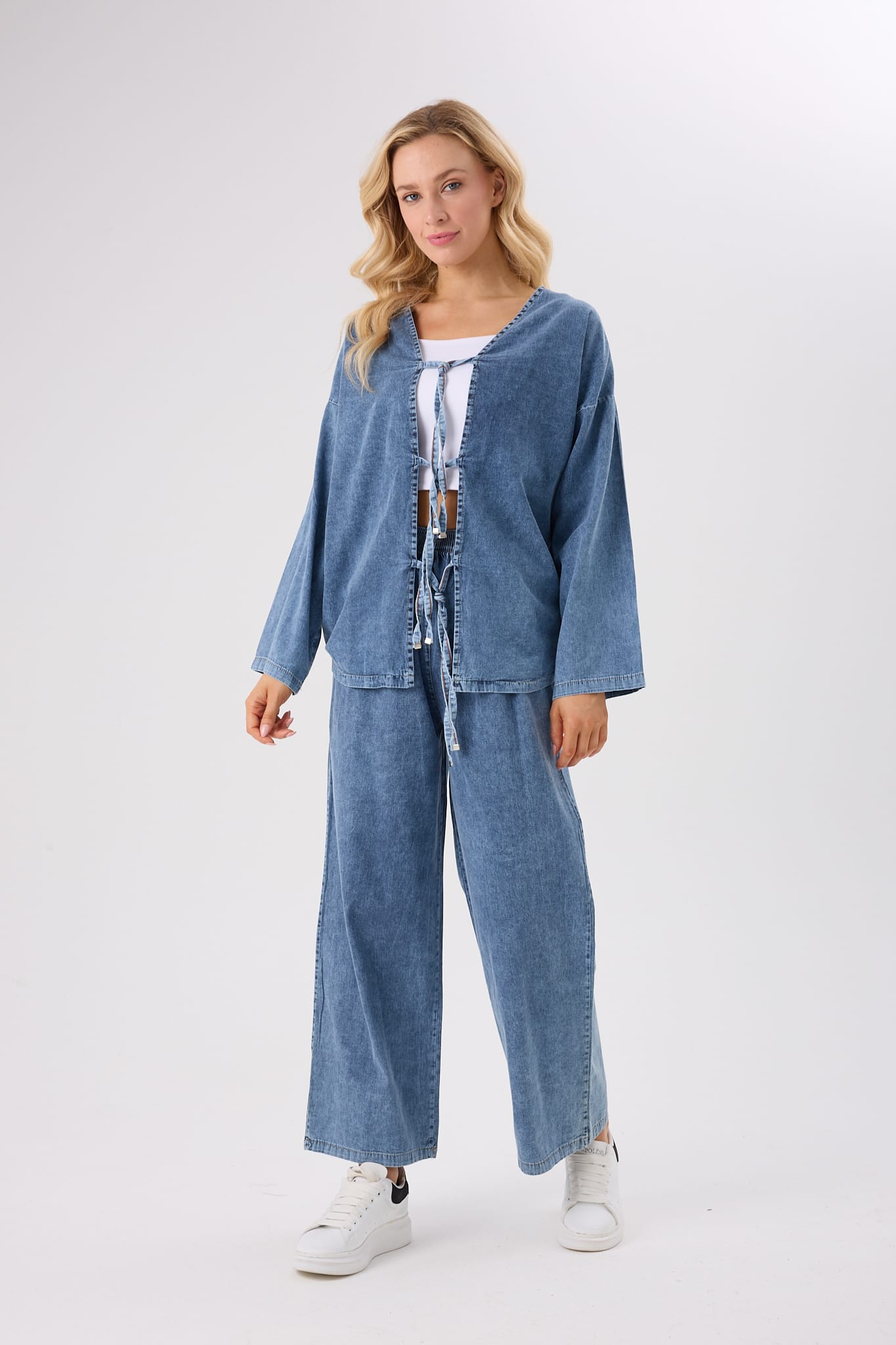 4632-Önden Bağlamalı Denim Alt Üst İkili Takım-Pamuk Kot