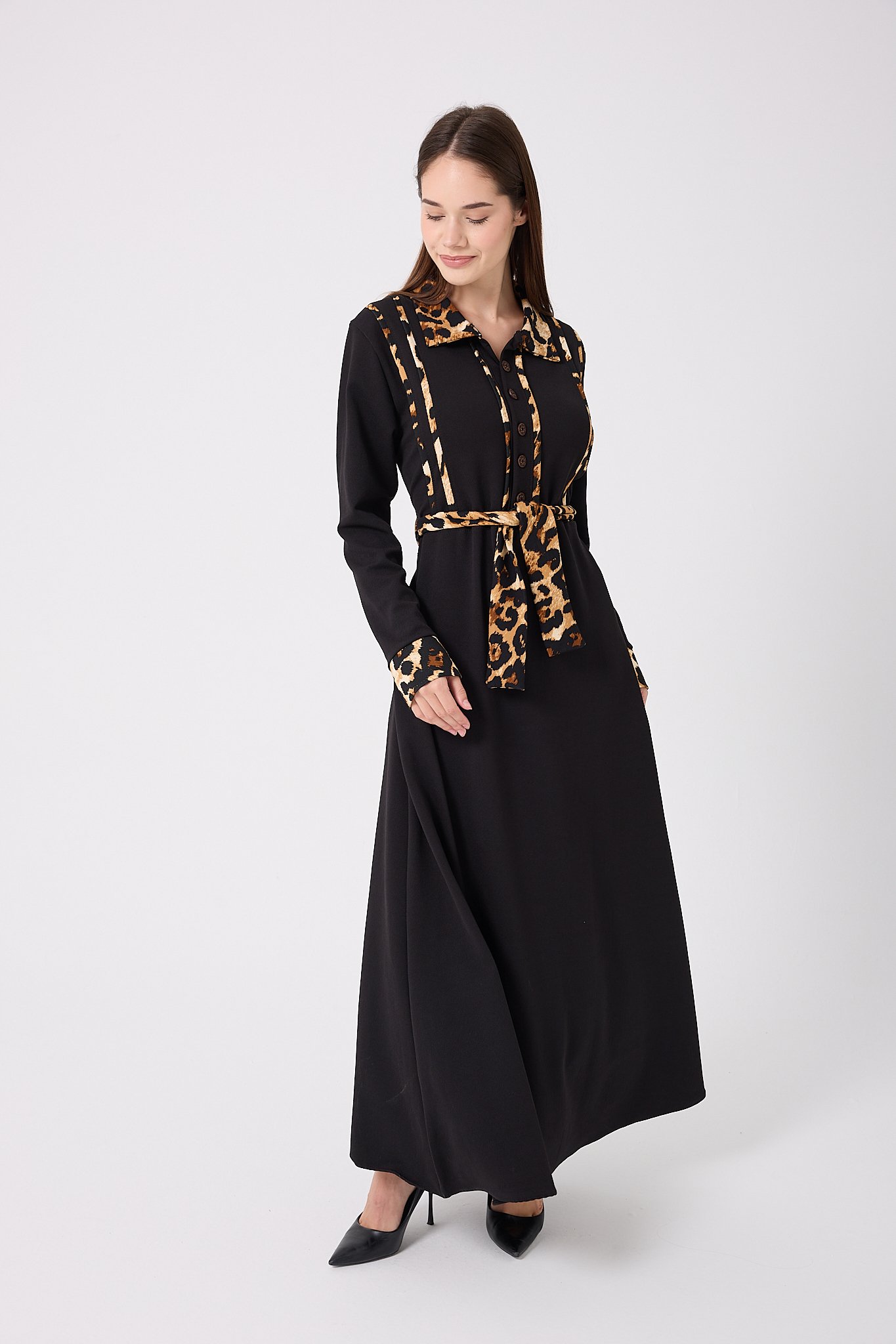 4645-Leopar Garnili Kuşaklı Elbise