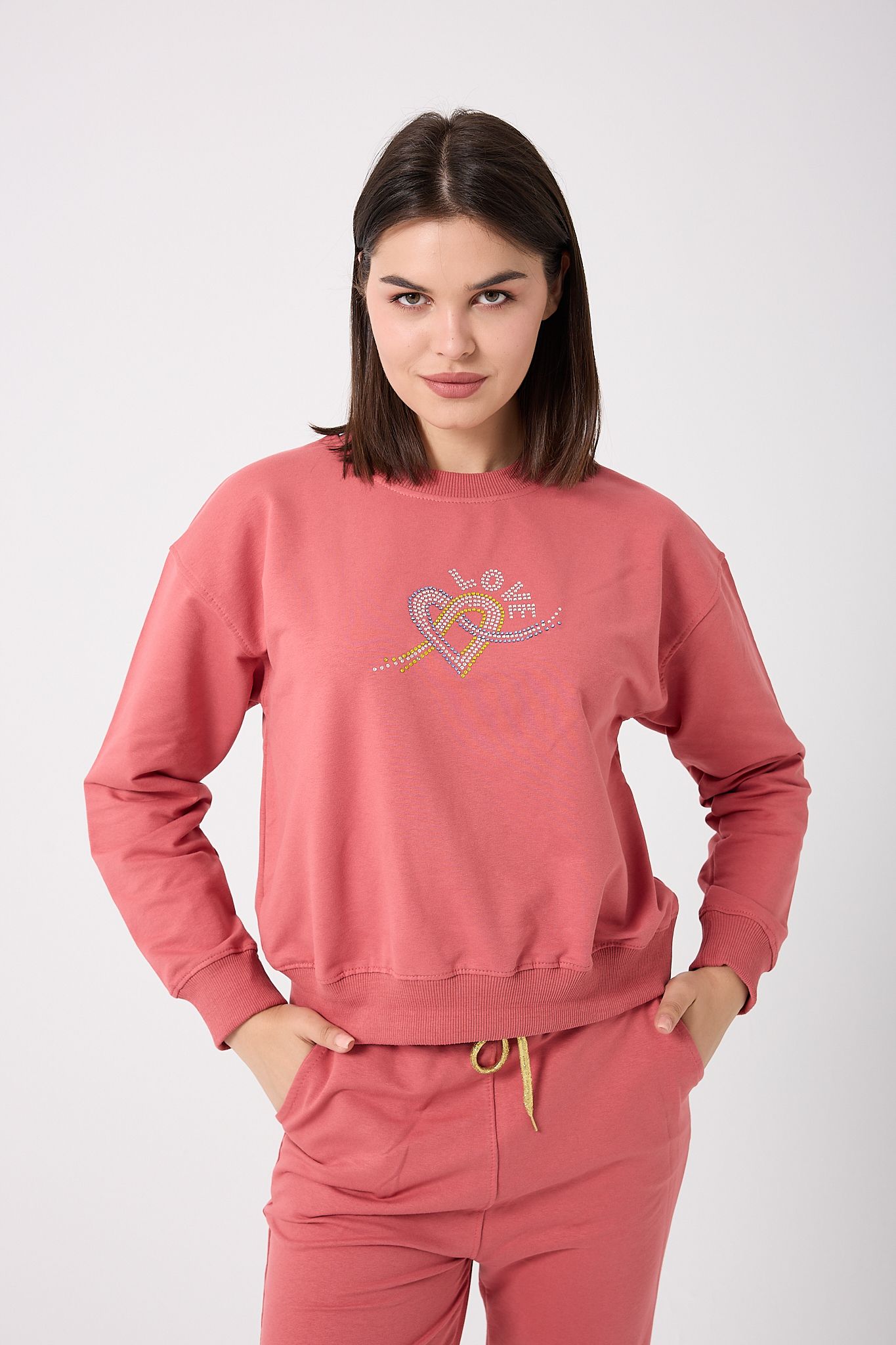 4637-Love Taşlı Alt Üst İkili Takım - Gül Kurusu