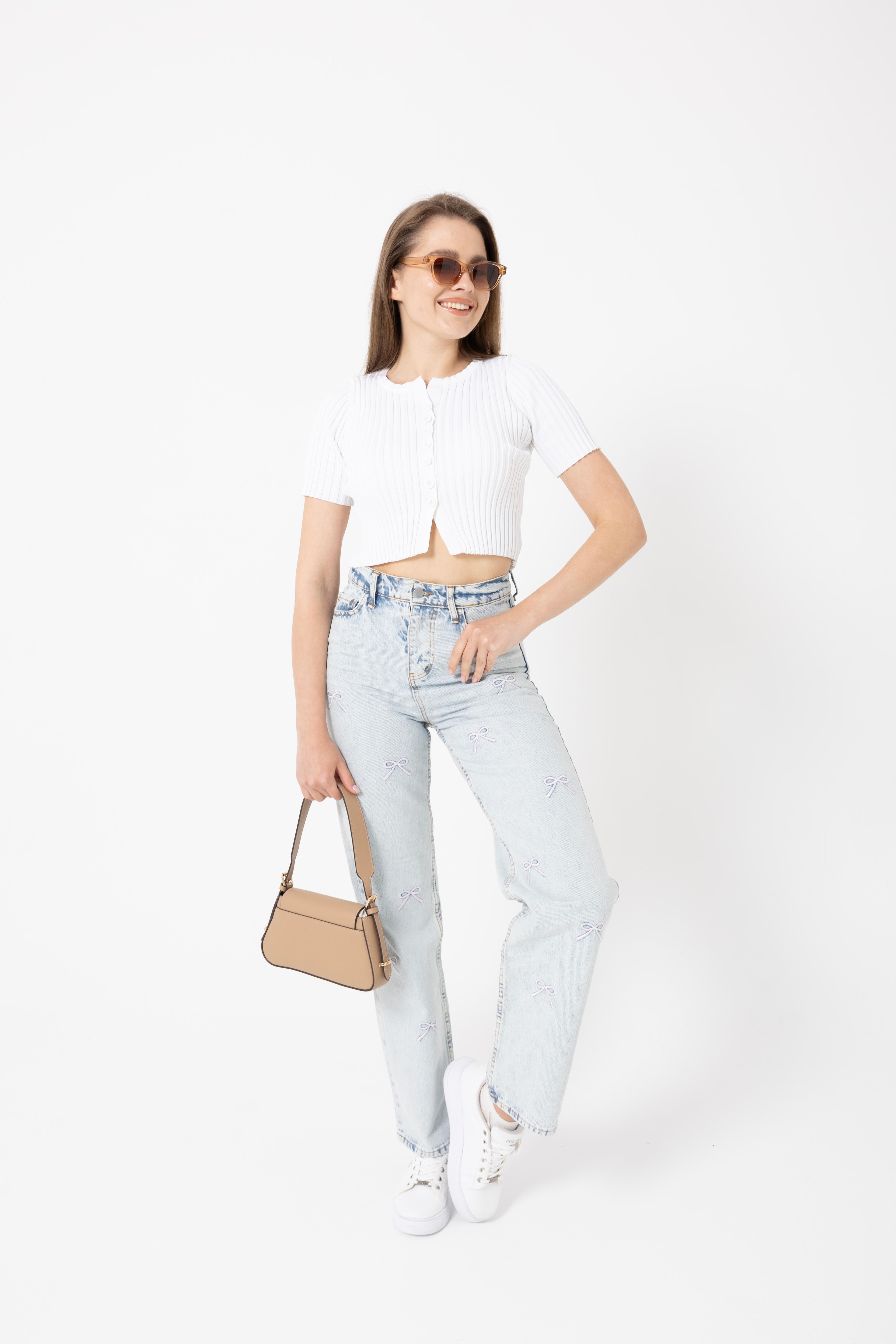 4601-Fiyonk Nakışlı Denim Palazzo Pantolon - Kar Yıkama