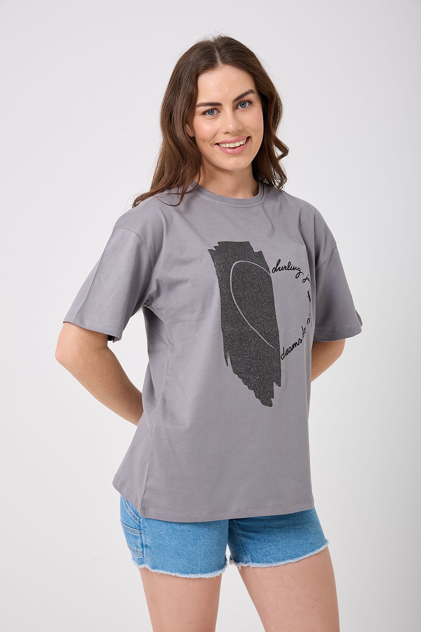 4625 - Oversize Simli Yarım Kalp Baskılı T-Shirt