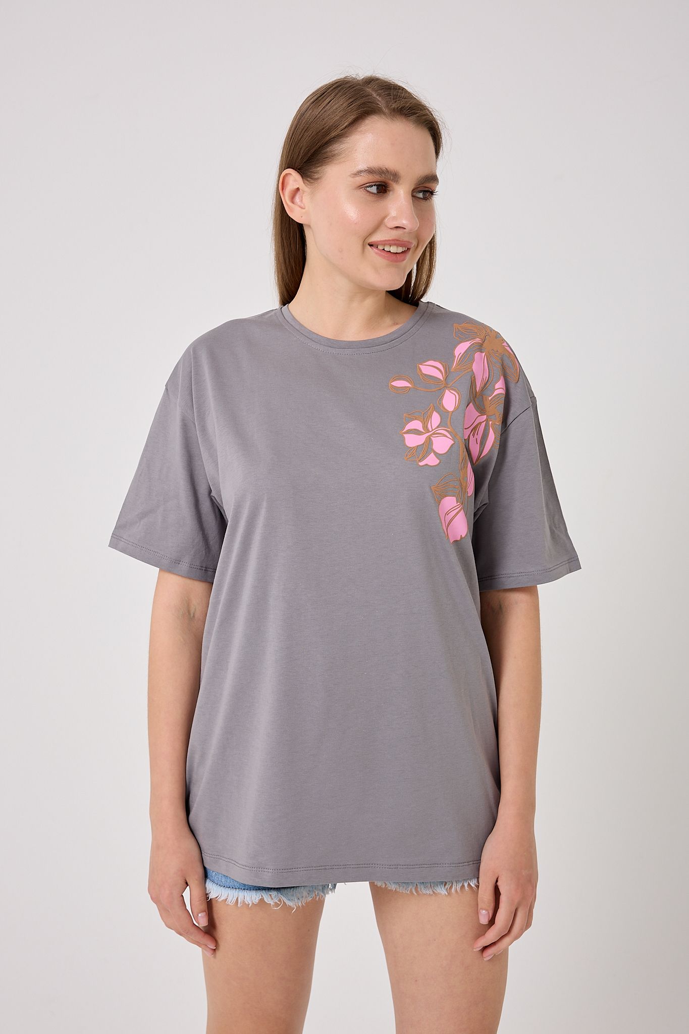 4626 - Oversize Omuz Çiçek Baskılı T-Shirt