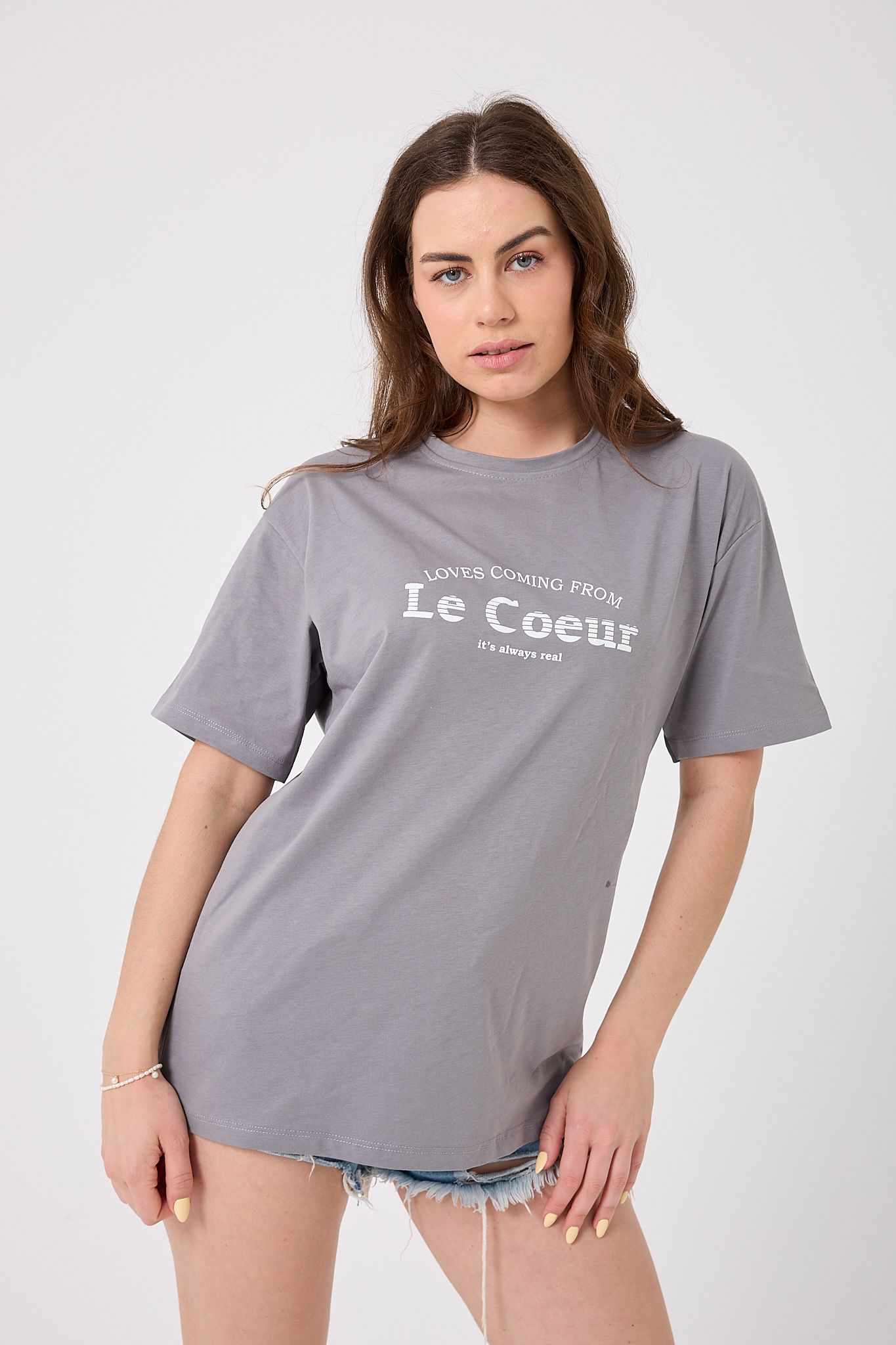 4615-Oversize Le Coeur Yazı Baskılı T-Shirt