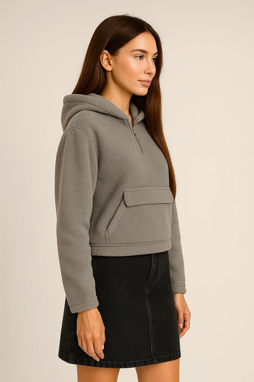 3110-Yarım fermuarlı kanguru cepli kapüşonlu Basic peluş 