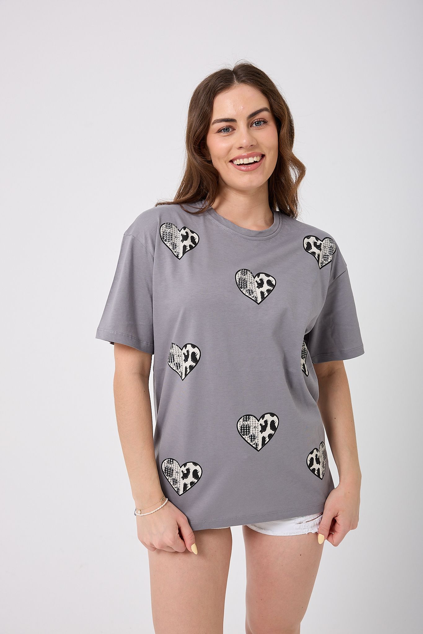 4618 - Oversize TAŞLI KALP Baskılı T-Shirt