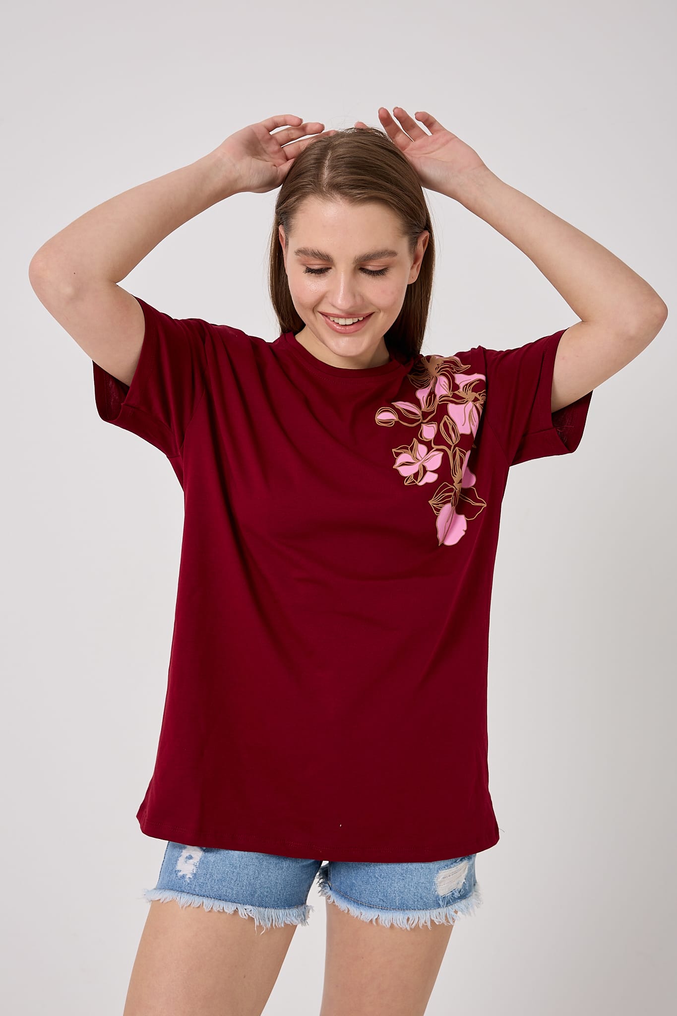 4626 - Oversize Omuz Çiçek Baskılı T-Shirt - Bordo