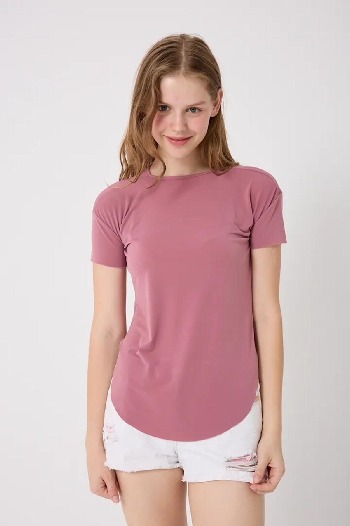 4650-Bisiklet Yaka T-Shirt - Gül Kurusu
