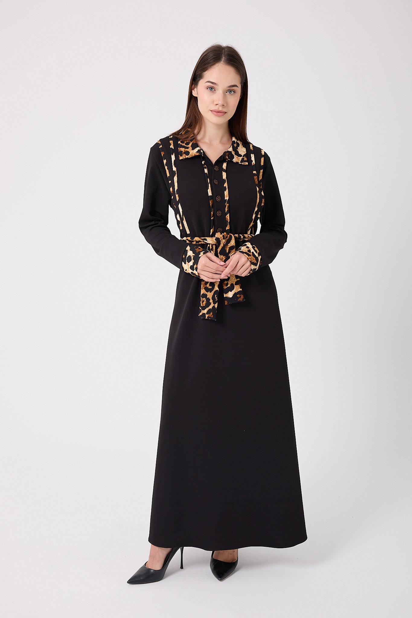4645-Leopar Garnili Kuşaklı Elbise