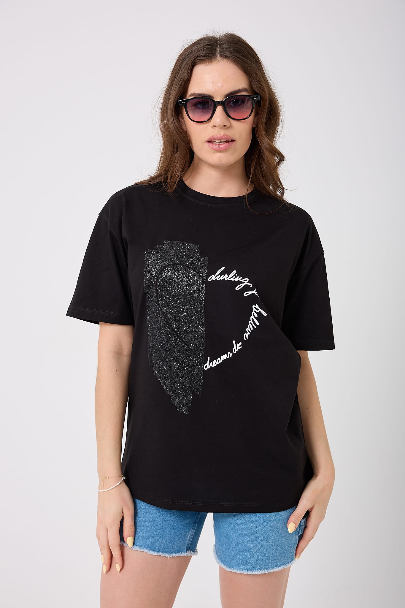 4625 - Oversize Simli Yarım Kalp Baskılı T-Shirt