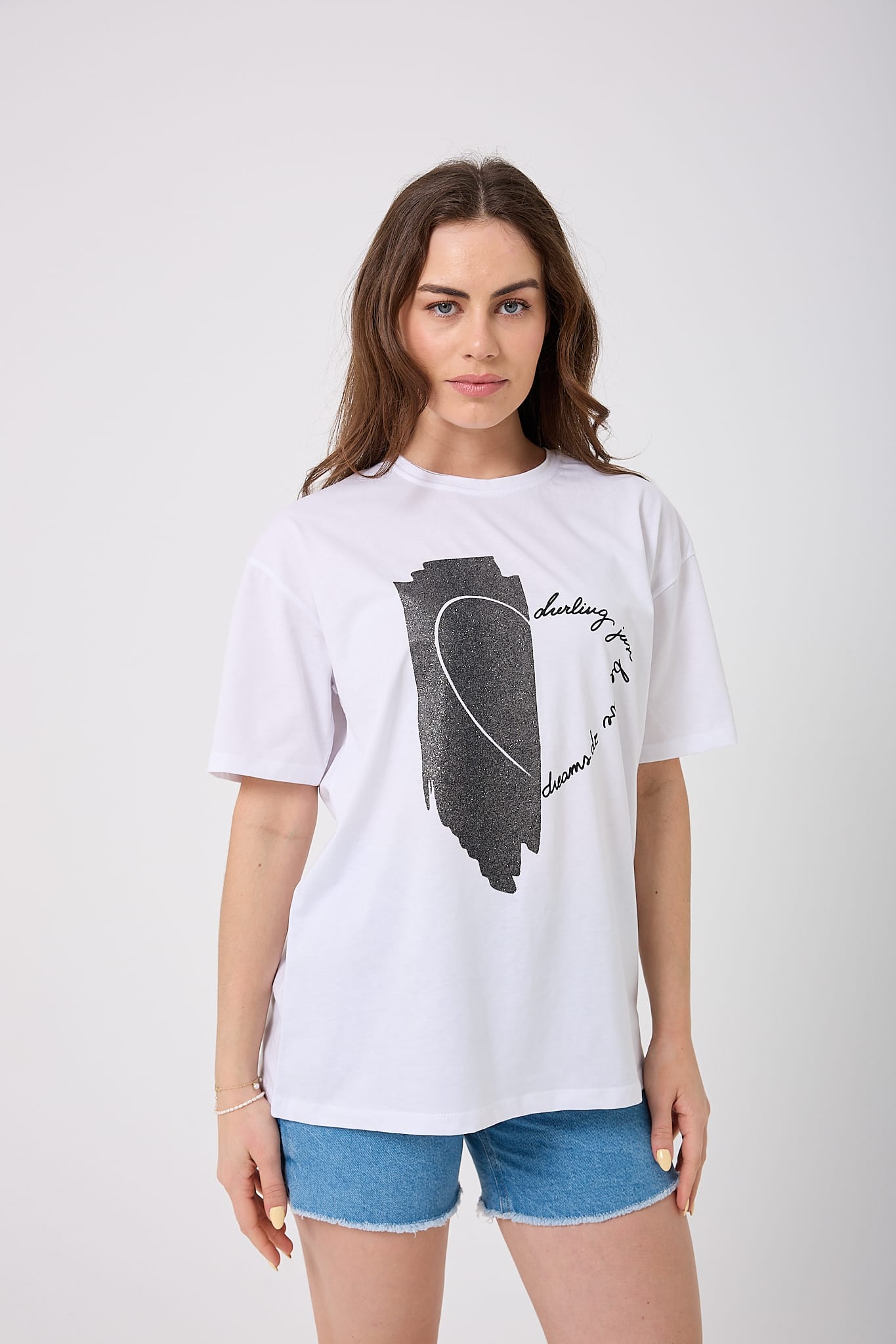 4625 - Oversize Simli Yarım Kalp Baskılı T-Shirt - Beyaz