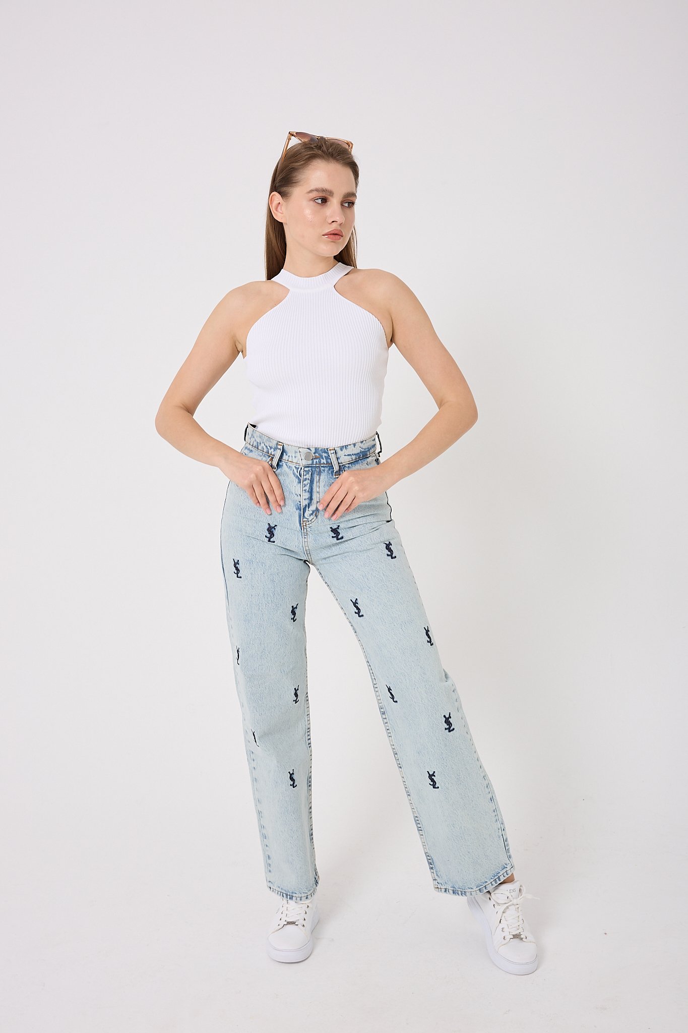  4602- Y S L Nakışlı Denim Palazzo Pantolon