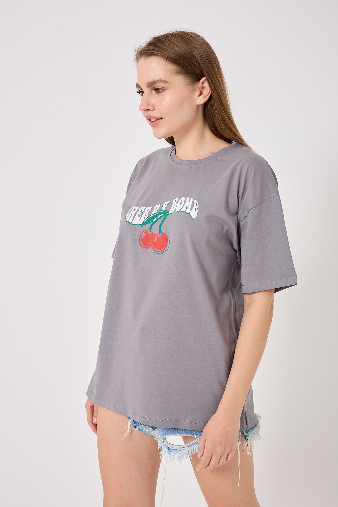  4616 - Oversize CHERRY BOMB Yazı Baskılı T-Shirt