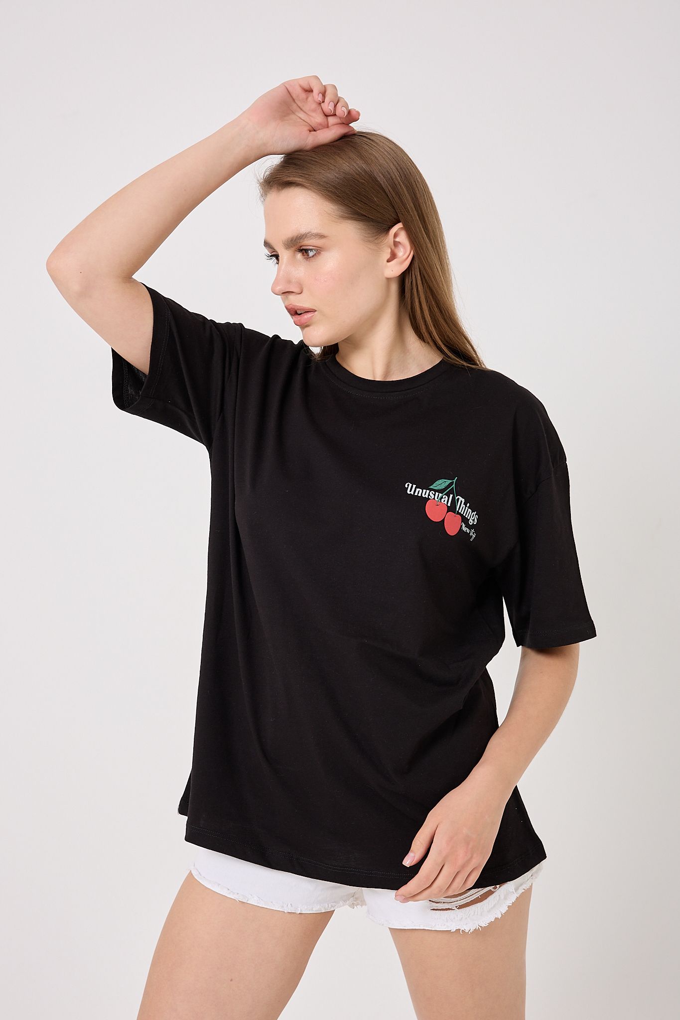 4611 - Oversize Kiraz Baskılı T-Shirt