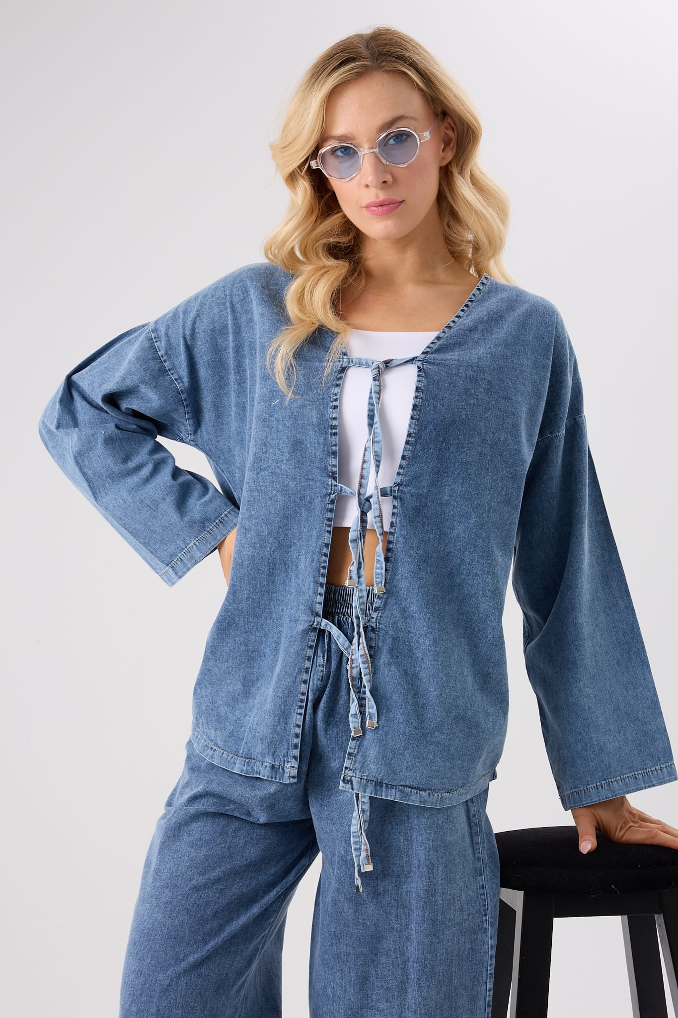 4632-Önden Bağlamalı Denim Alt Üst İkili Takım-Pamuk Kot