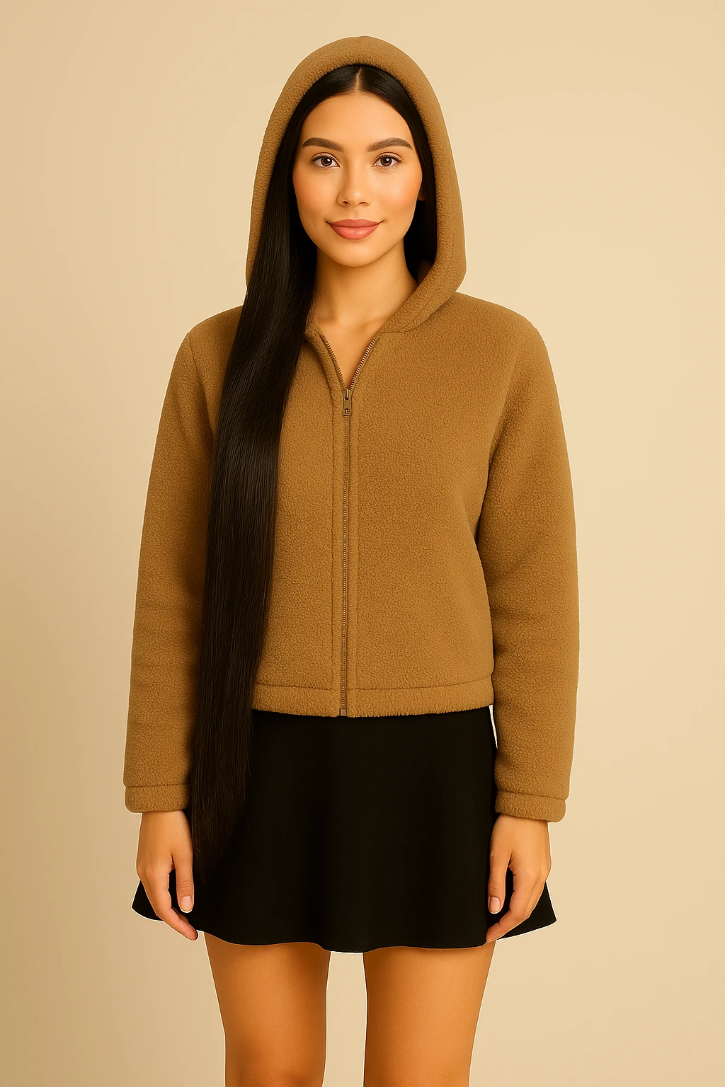 1027-Kapüşonlu Basic Peluş Mont 