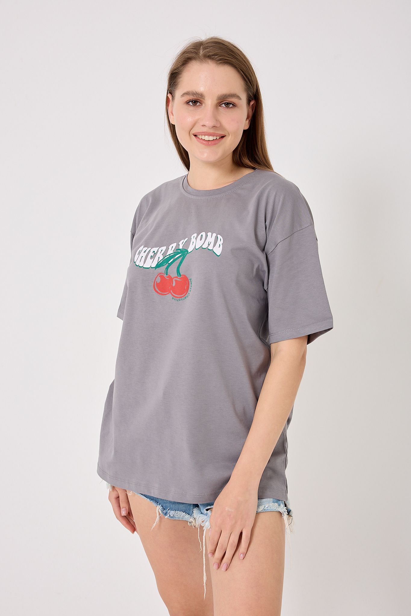 4616 - Oversize CHERRY BOMB Yazı Baskılı T-Shirt