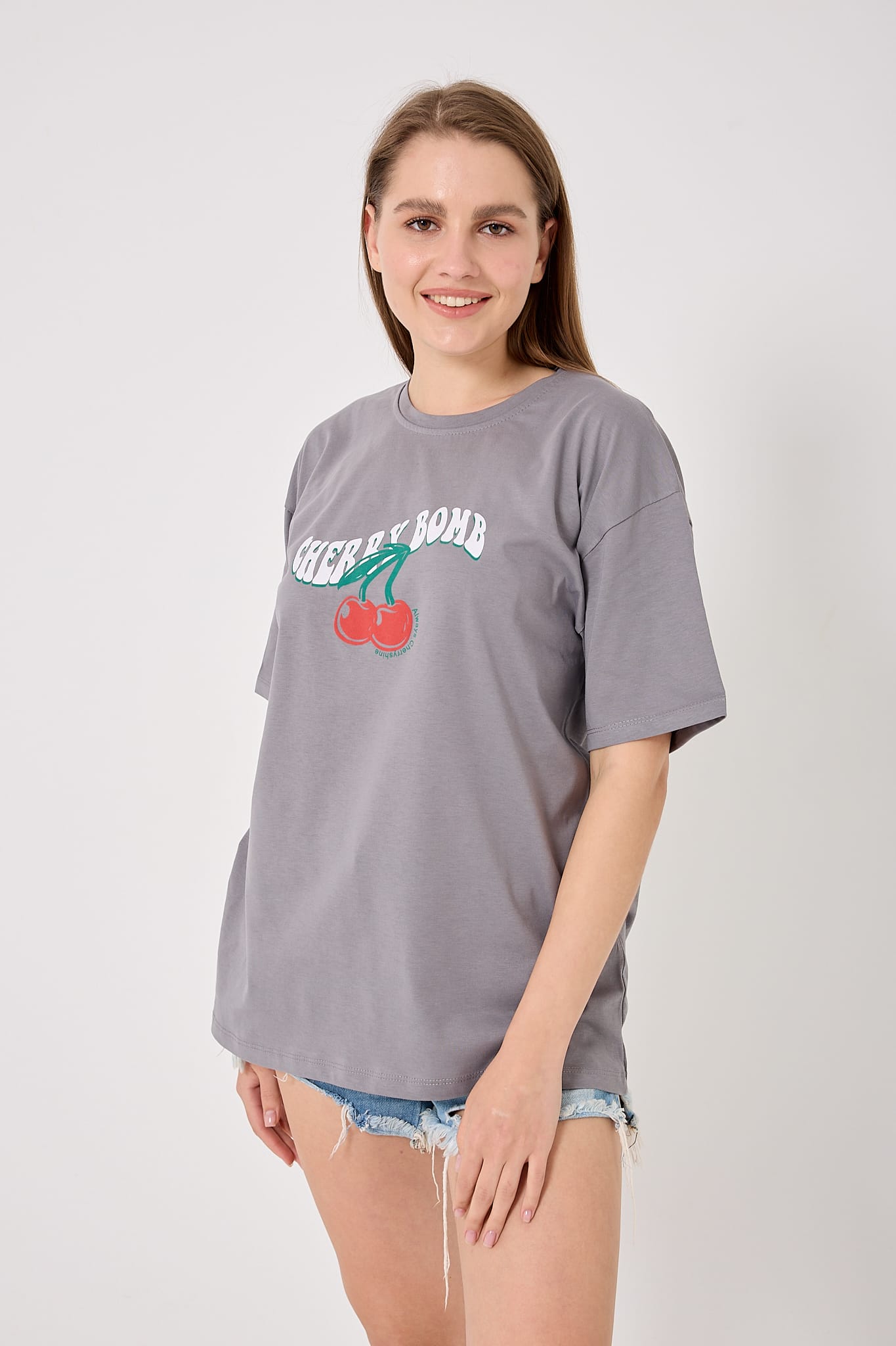 4616 - Oversize CHERRY BOMB Yazı Baskılı T-Shirt