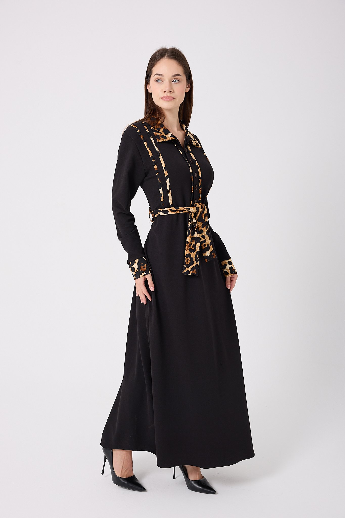 4645-Leopar Garnili Kuşaklı Elbise