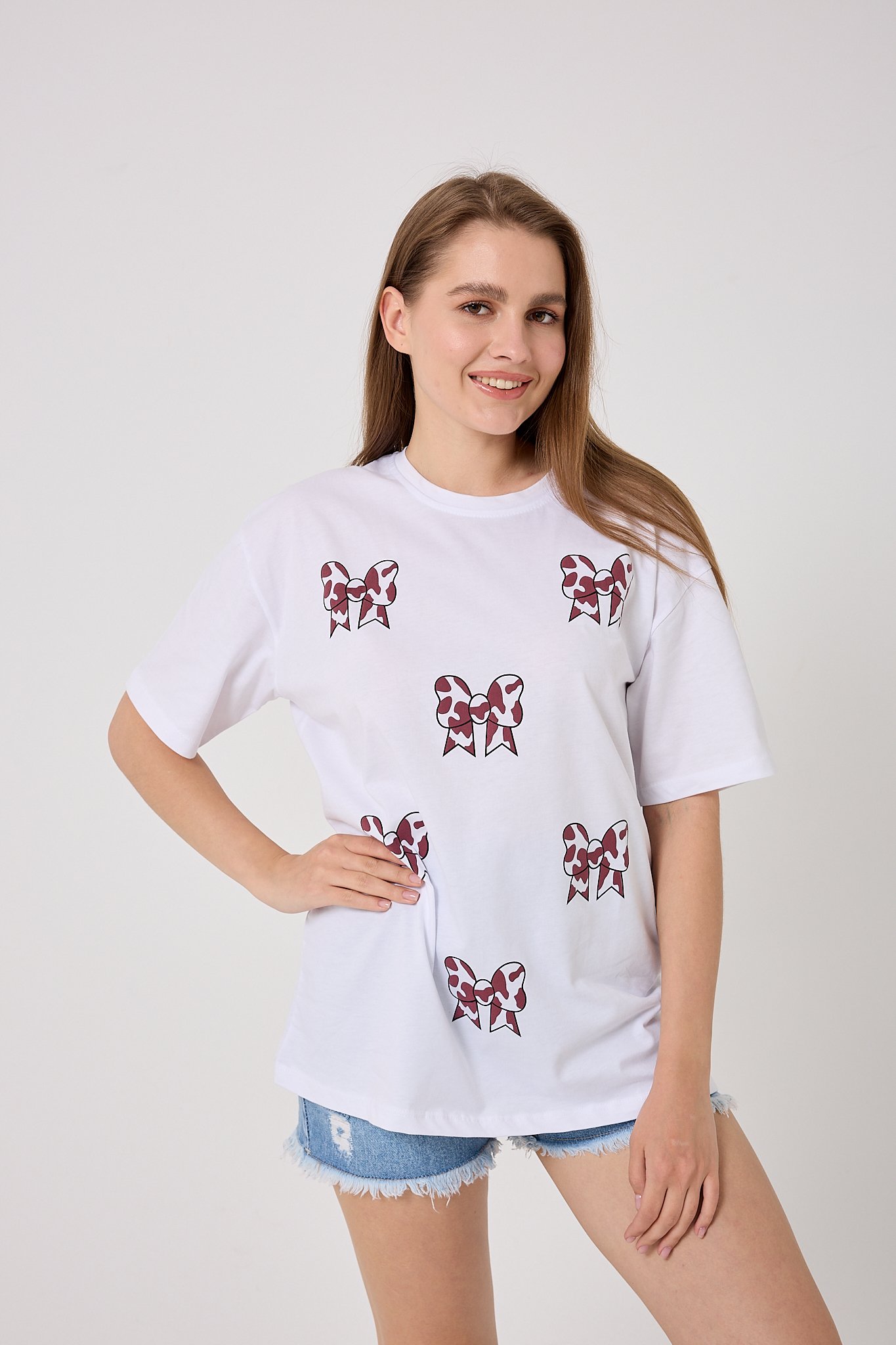 4610-Oversize Fiyonk Baskılı T-Shirt - Beyaz