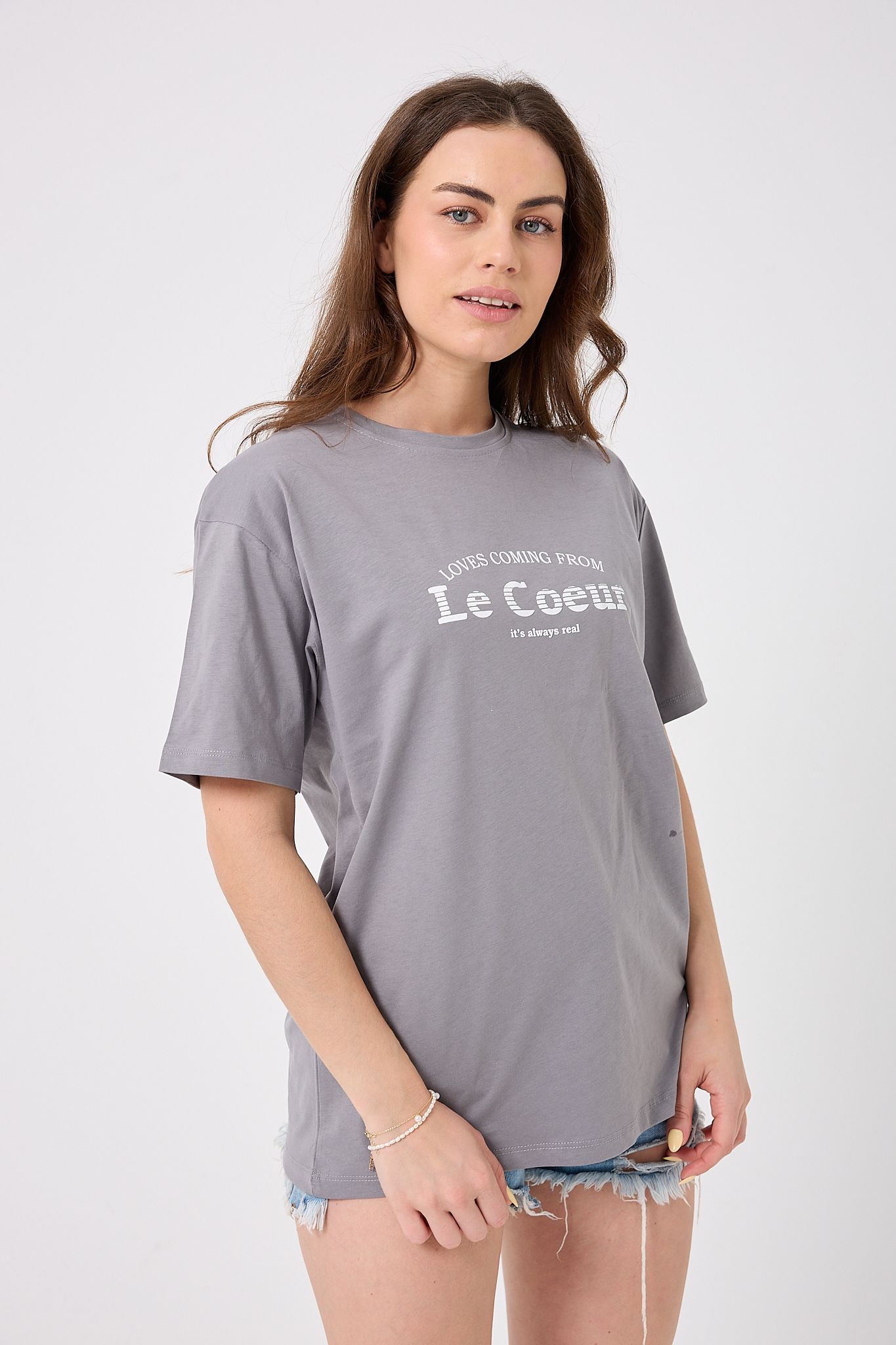 4615-Oversize Le Coeur Yazı Baskılı T-Shirt