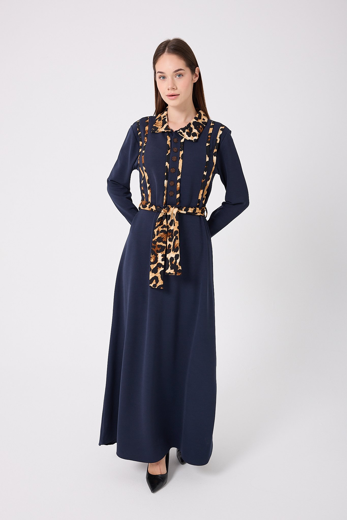 4645-Leopar Garnili Kuşaklı Elbise - Lacivert