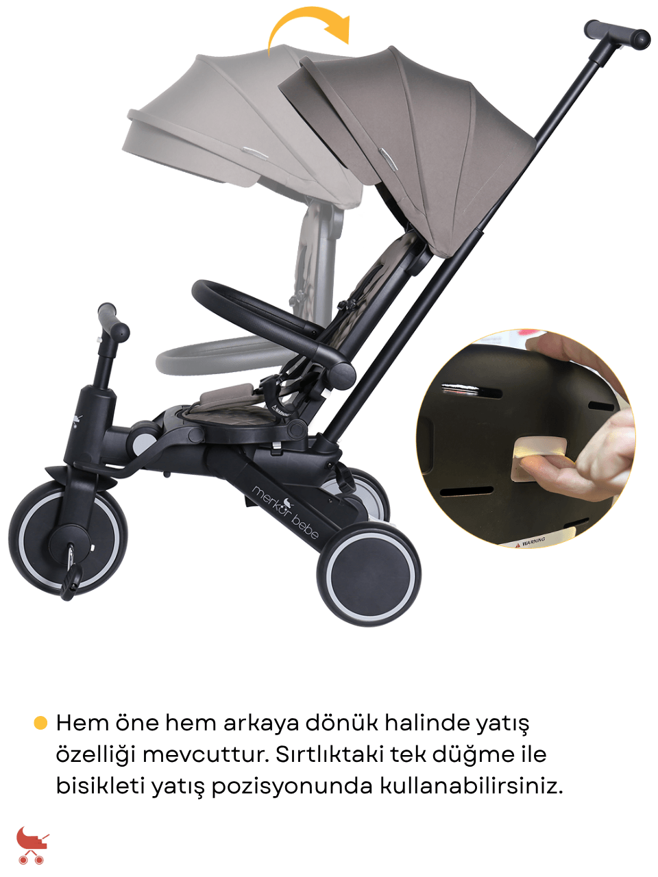 Merkür Bebe 9in1 Hawk Çift Yönlü Katlanabilir Yatabilir Ayak Destekli Üç Tekerlekli Bebek ve Çocuk Bisikleti Siyah