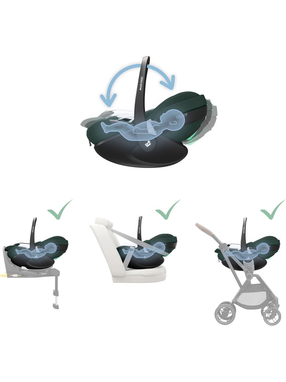 Maxi-Cosi Pebble 360 Pro Slidetech - 360 Dönebilen Tam Yatabilen Ana Kucağı ve Oto Koltuğu 0-13 kg Twillic Green