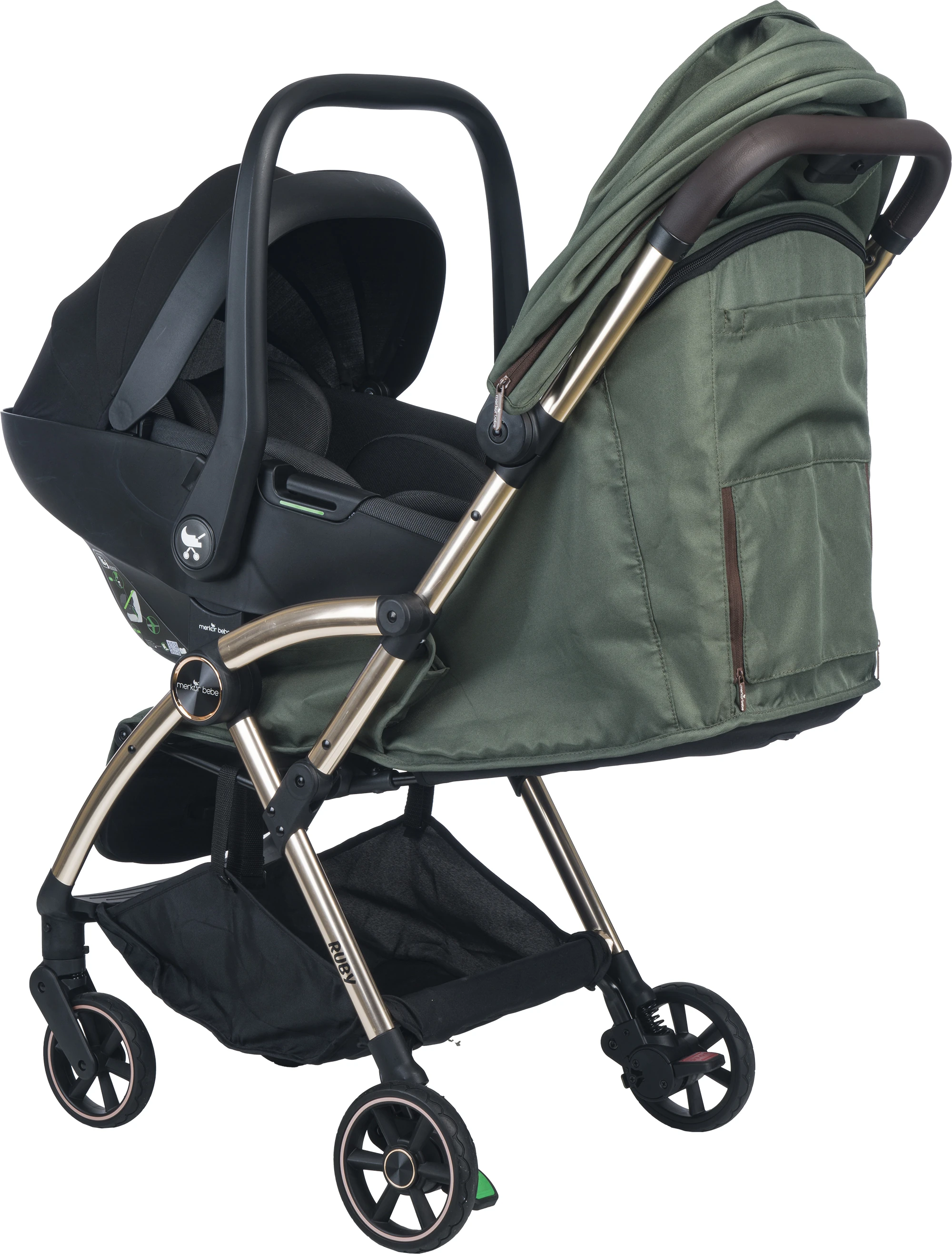Merkür Bebe Ruby Tek Tuşla Otomatik Katlanan Kabin Boy Travel Sistem Bebek Arabası Yeşil