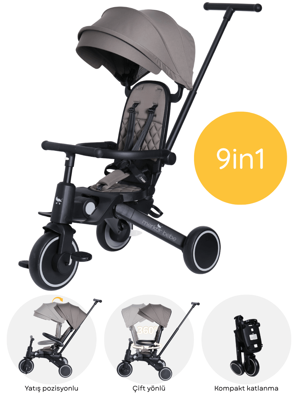 Merkür Bebe 9in1 Hawk Çift Yönlü Katlanabilir Yatabilir Ayak Destekli Üç Tekerlekli Bebek ve Çocuk Bisikleti Yeşil