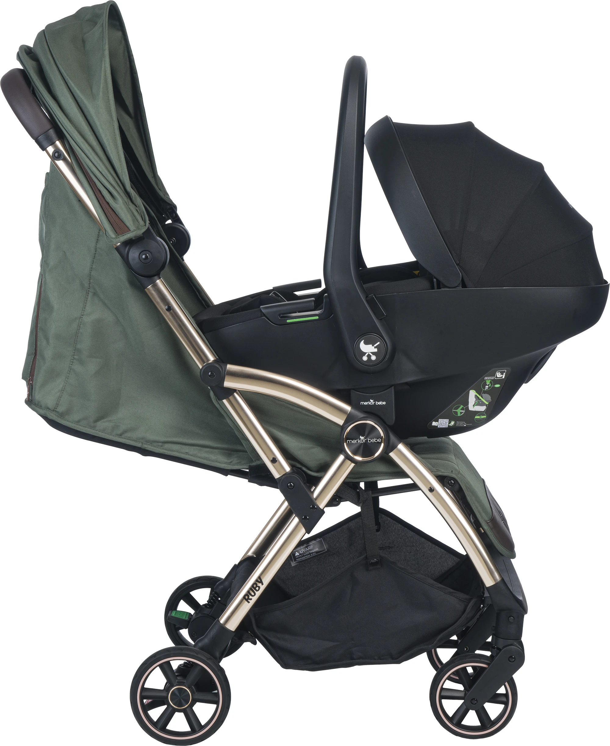 Merkür Bebe Ruby Tek Tuşla Otomatik Katlanan Kabin Boy Travel Sistem Bebek Arabası Yeşil